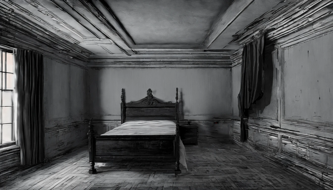 create a haunted old bedroom in the house, abundant for 40 years, at night, moon's light through the windows, ruined furniture, ((a pair of red eyes watching in the dark)), dirty, dusts, mist, no light, dark background, (horror theme), 8k, ultra hd, highly detailed, sharp focus, realistic, best quality, photo-realistic, masterpiece,