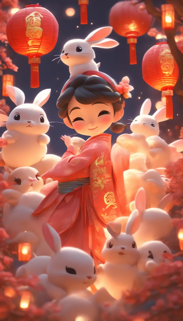 Mid-Autumn Festival,Cute fairy,Wearing Chinese costumes,Play with rabbits next to girls,Moon cake,Auspicious clouds,Behind the huge moon,a warm color palette,abstract pictures,ultra-realistic realism,pixar-style,3d effect,Disney style,clear contour light,rim-light,fanciful,spotlight lights,8K