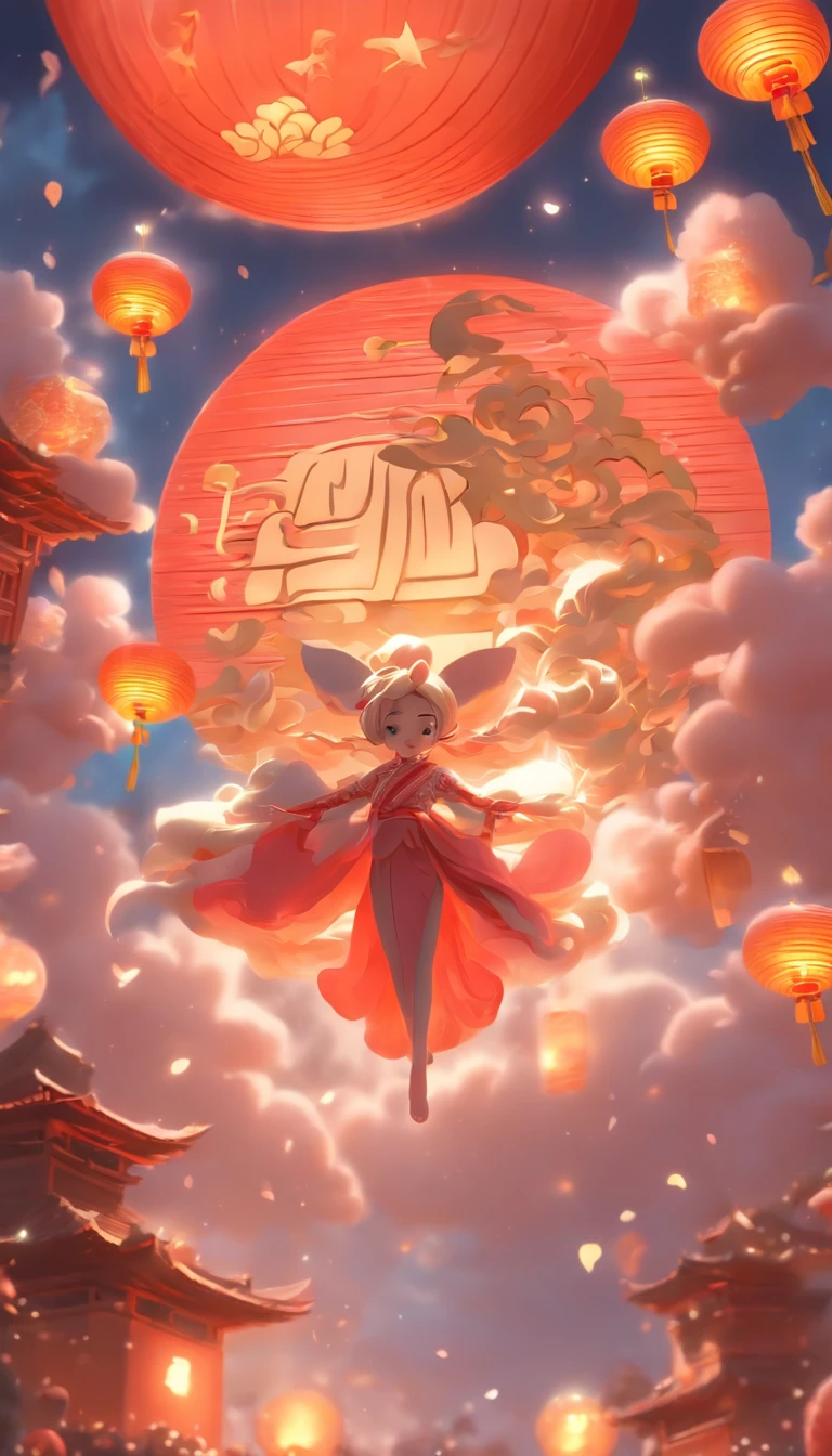 Mid-Autumn Festival,Cute fairy,Wearing Chinese costumes,Play with rabbits next to girls,Moon cake,Auspicious clouds,Behind the huge moon,a warm color palette,abstract pictures,ultra-realistic realism,pixar-style,3d effect,Disney style,clear contour light,rim-light,fanciful,spotlight lights,8K
