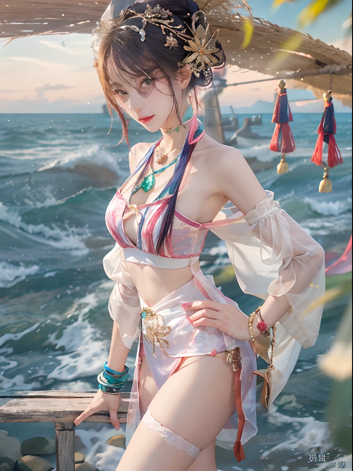 there is a woman sitting on the beach with a clock, queen of the sea mu yanling, beautiful digital artwork, 4k highly detailed digital art, a beautiful fantasy empress, 8k high quality detailed art, fantasy beautiful, by Yang J, beautiful gorgeous digital art, guweiz, artwork in the style of guweiz, beautiful fantasy art, chinese fantasy