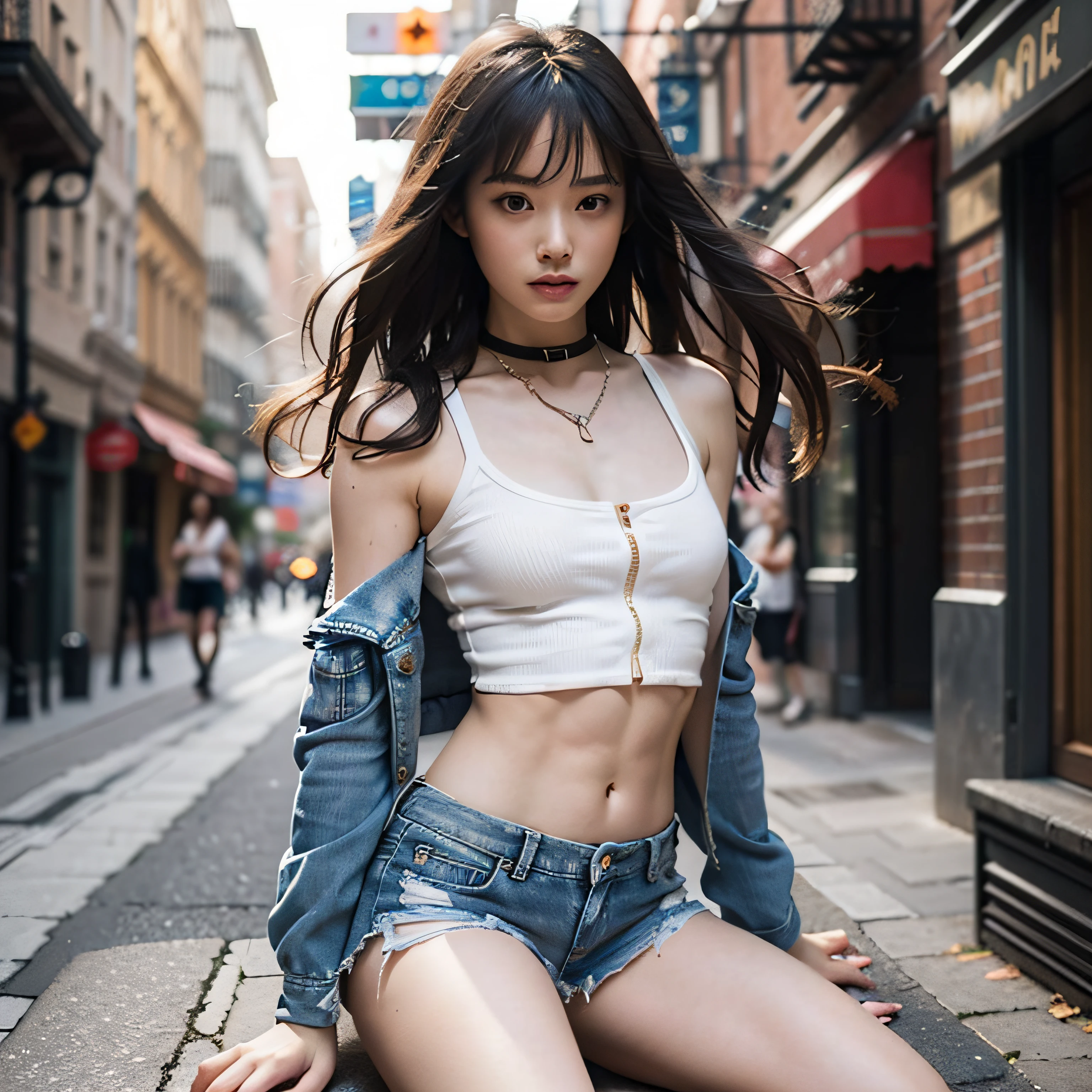 Girl in bra and tight denim panties posing for photo, full shot, Gloomy colors, lack of light, ruined area, slum, slim body, smaller bust, slim girl model, 12-year-old female model, on the floor, the floor is dusty thick layer of dust, pink panties, Moss, dust, pink bra, too wide, patchwork underwear, wrinkled fabric, rotten, old dirty underwear, dirty skin, skin with many marks, blood on clothes, bleed, scars, dusty body, dirty body, gory, injured, tangled hair, wound, bandage, Blight, drenched, sweat, water, extremely painful, tired face, raped, unzipped jeans, tear clothes, hungry, being abused, sick and hungry, weak, diseases, Only skin and bones remain, fracture, break bones, bones protruding, torn skin, torn flesh, dying, No makeup