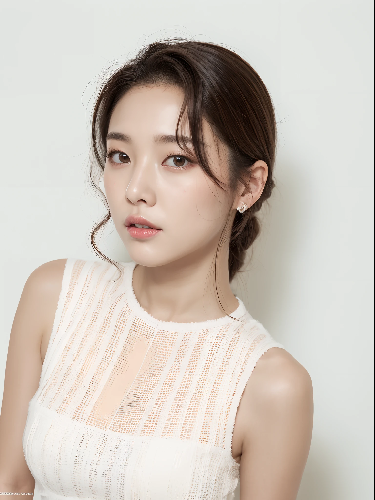 top-quality:1.3、​masterpiece、hight resolution、［1 girl in］、｛独奏｝、Raw photo、Real person、mascara, ,(Textured skin, Skin pores:1.1), (Mole:0.8), (Imperfect skin:1.1) intricate detailes, face perfect, (hitornfreckles:0.9), ((Photorealsitic):1.1), (Unripe, 8K:1.2)、Detailed skin、japanes、catchlight、piercings、a necklace、white walls、White Room