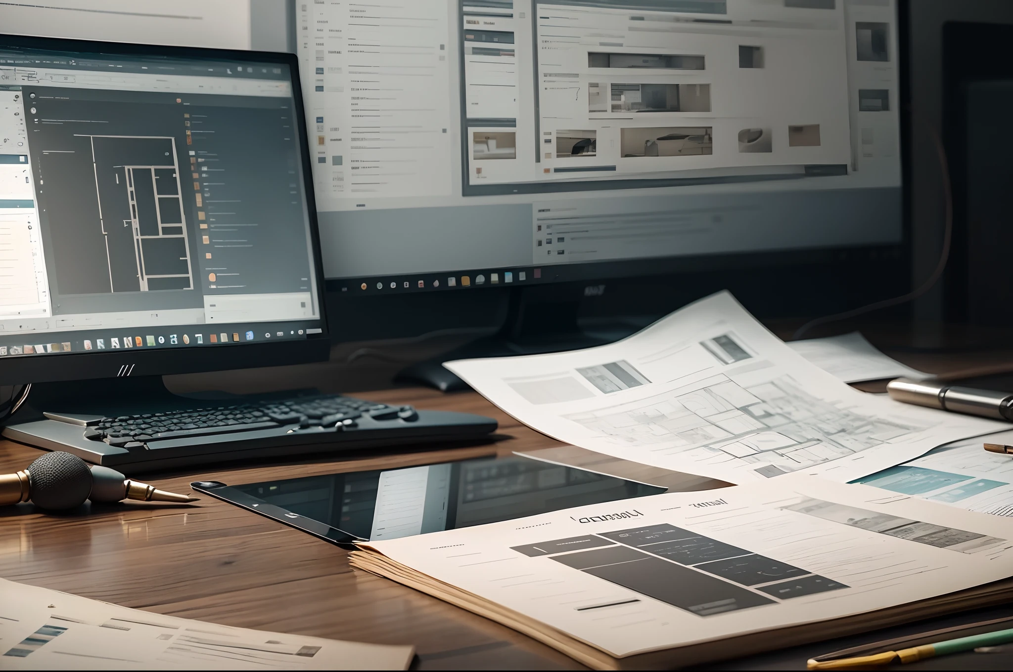Close-up shot of the environment of the room where the computer is on and architectural software is being used, around the table full of architectural supplies, room with a dark theme, b, realistic --auto --s2