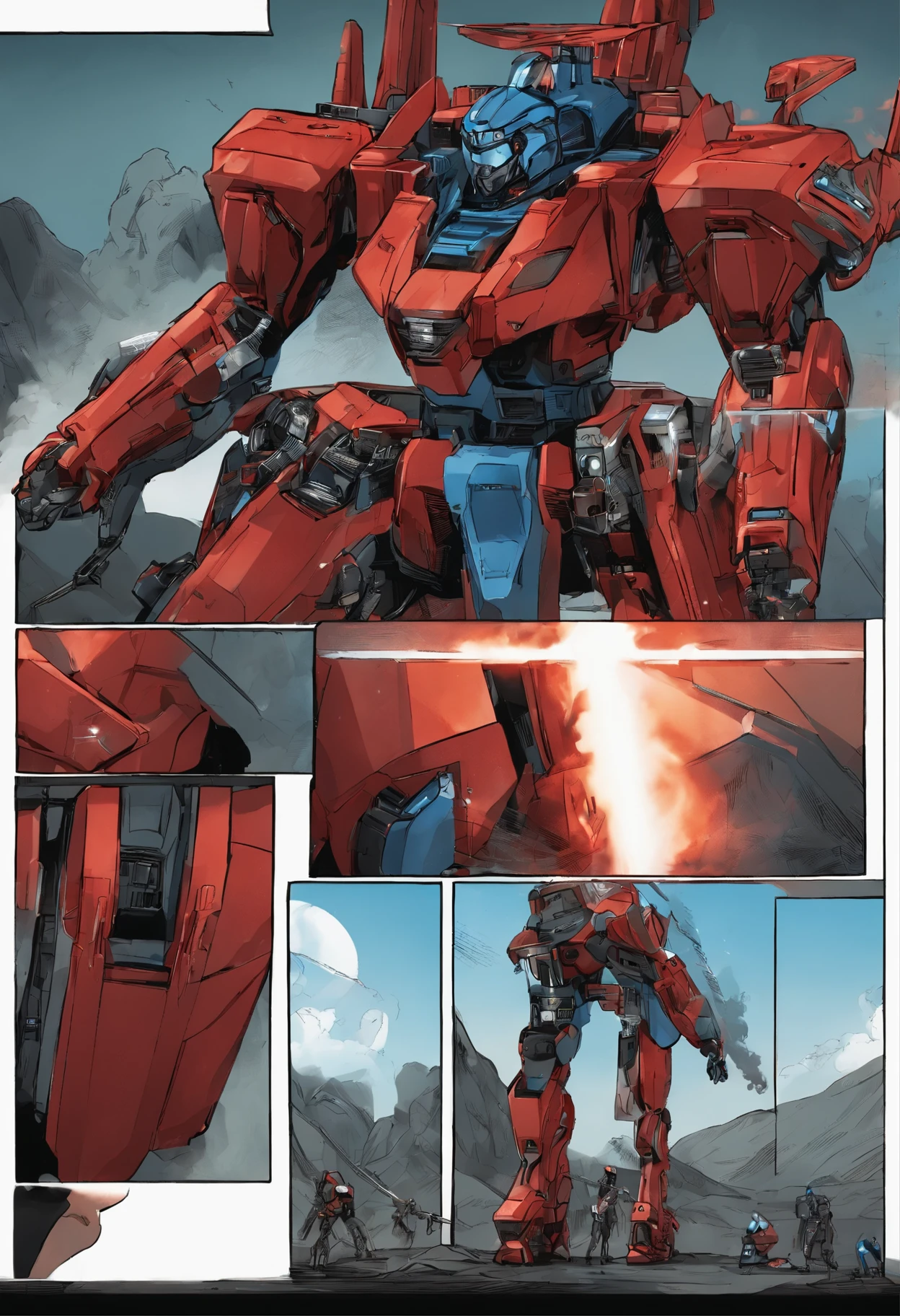 Comic storyboard ，Four screens，Content continuum，The picture is in the Japanese manga combat style，red color mecha，Blue Monster