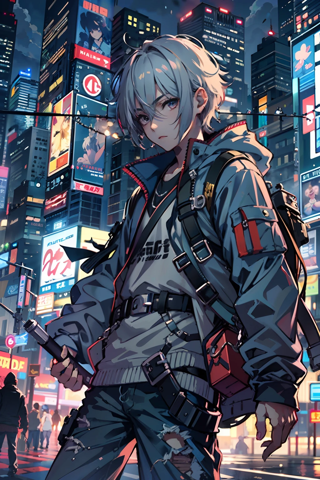 1boy,(15 years old boy:1.5)、Anime-style protagonist、Cyberpunk Boy、silber hair、Spiky hairstyle、machine gun、Japan sword on the back、Whole body bloody、Shot from the knee up、Looking at the camera、The beginning of the adventure、Lots of clouds,heavy fog、Big Moon、Lightning、Chaotic city of the future、dystopian、A group of very tall skyscrapers stands in the center、Very complex cityscape,Crowded Chinese skyscrapers、Tall radio tower、Trees、street signs、streetlights、taxis、buses、Train、Warm lighting,Dark road、puddles、Chaotic、Beautiful and fantastic scenery、Cinematic scenery、hightquality、masutepiece,in 8K、hight resolution、