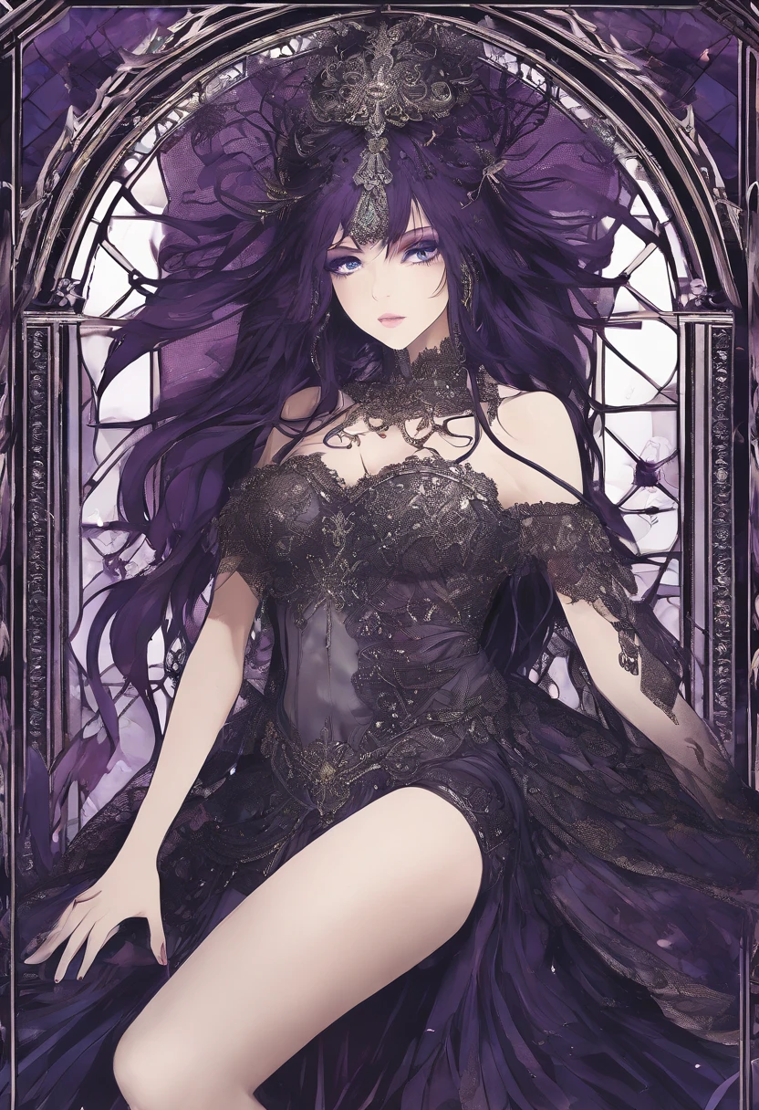 RAW photograph, photorealistic pic of a 21 yo woman, golden skin, dark purple hair, long hair, scattered, hair blown up by the wind, dark eyes, perfect face, highly detailed facial features, deep eyes, smile, transparent crop top, iridescent blue feather skirt, fishnet stockings, sliver heels, high-grade lighting, exquisite picture, exquisite eyes, best shadow, best picture quality, best light, rich details, atmosphere, high resolution, masterpiece, stained glass background, Head Tilt, Rich Detail, Fine Background, erotic pose, gothic