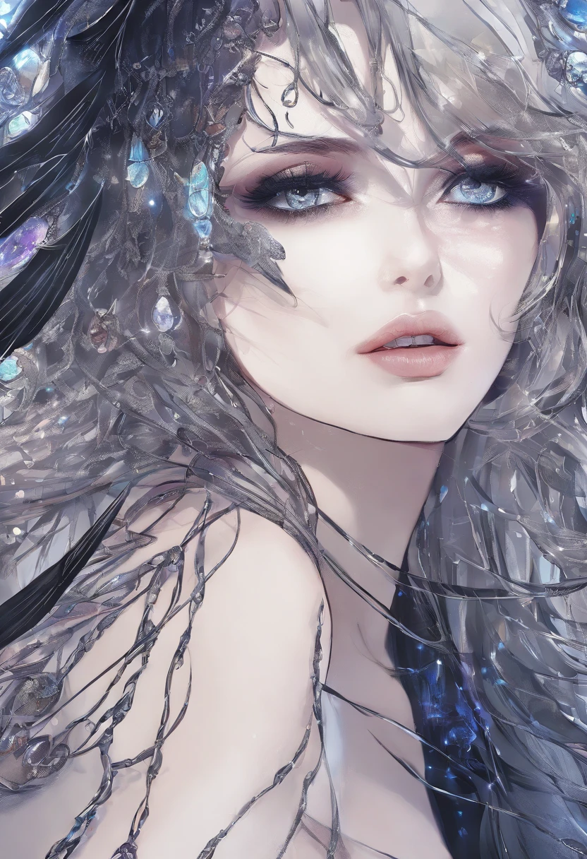 RAW photograph, photorealistic pic of a 21 yo woman, golden skin, dark purple hair, long hair, scattered, hair blown up by the wind, dark eyes, perfect face, highly detailed facial features, deep eyes, smile, transparent crop top, iridescent blue feather skirt, fishnet stockings, sliver heels, high-grade lighting, exquisite picture, exquisite eyes, best shadow, best picture quality, best light, rich details, atmosphere, high resolution, masterpiece, stained glass background, Head Tilt, Rich Detail, Fine Background, erotic pose, gothic