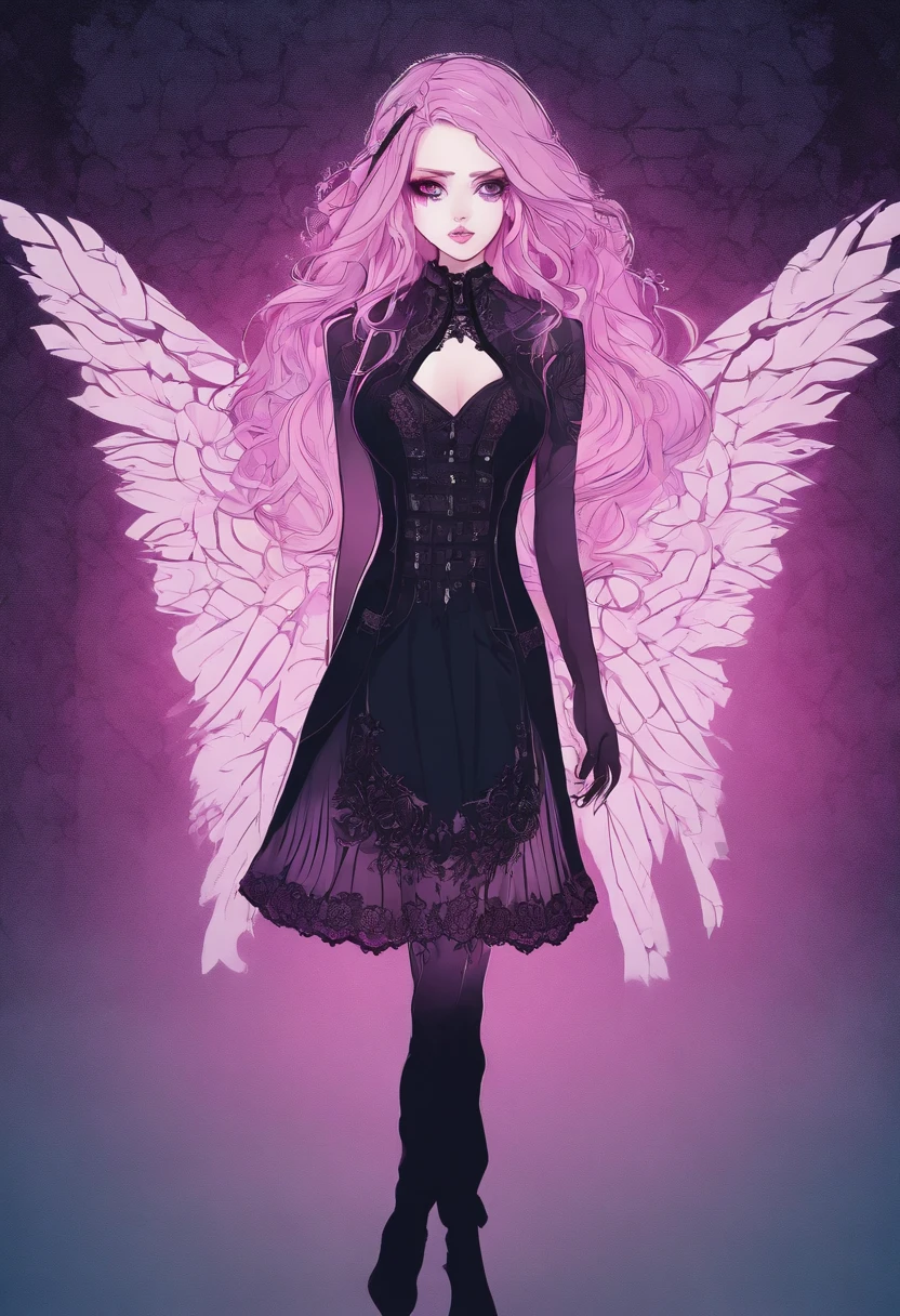 RAW photo of young English woman, color photograph, full length portrait, ((a realistic photo of a beautiful young 21yo girl)), shadows, futuristic silver wing eyeliner, dark lips, ((pale glowing skin)), looking at viewer, sexy, erotic pose, smirk, shy, expressive purple hair, perfect facial features, perfect realistic skin, tight iridescent dark pink crop top, short pleated pink skirt, masterpiece, high quality, very detailed face, gothic, night bokeh background, small breasts,