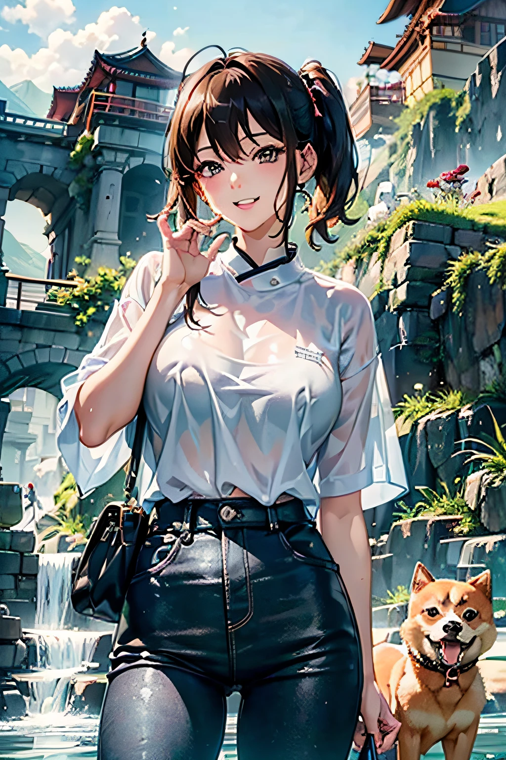Flows with crystal clear water,beautiful mountain in background々,(Girl taking a walk with a puppy:1.3),(Shiba dog:1.3),Have a lead,Very Big White T-Shirt,Cargo pants, gently smiling、(beautiful a girl)、(short hair of red-brown color、hair pin、poneyTail、Floating hair、)Colossal tits、A smile that beguiles the viewer、Look into the photographer、skin glistening with sweat、gazing at viewer,pointed red mouth,Perfect round face,,Proper body proportion,Intricate details,Very delicate and beautiful hair,photos realistic,Dreamy,Professional Lighting,realistic shadow,Beautiful hands,Beautiful fingers,Detailed finger features,Detailed arm functions,detailed clothes features,Detailed hair features,detailed facial features,(masutepiece,top-quality,Ultra-high resolution output image,) ,(The 8k quality,),(Image Mode Ultra HD,)