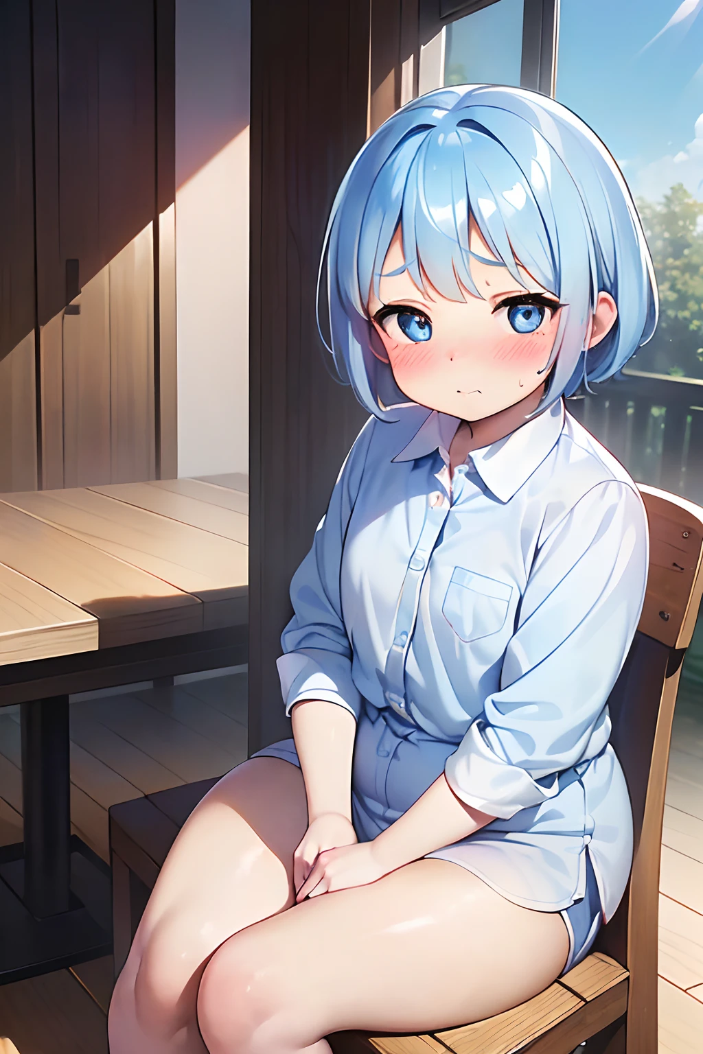Masterpiece, high resolution, extremely detailed, realistic, 1 girl, (((cute face, (young), fat, cute eyes, short sky blue hair, bright blue eyes, lovestruck, blushing:1.3, embarressed, sitting on small wooden chair, shirt too tight))), ((bedroom, in corner))
