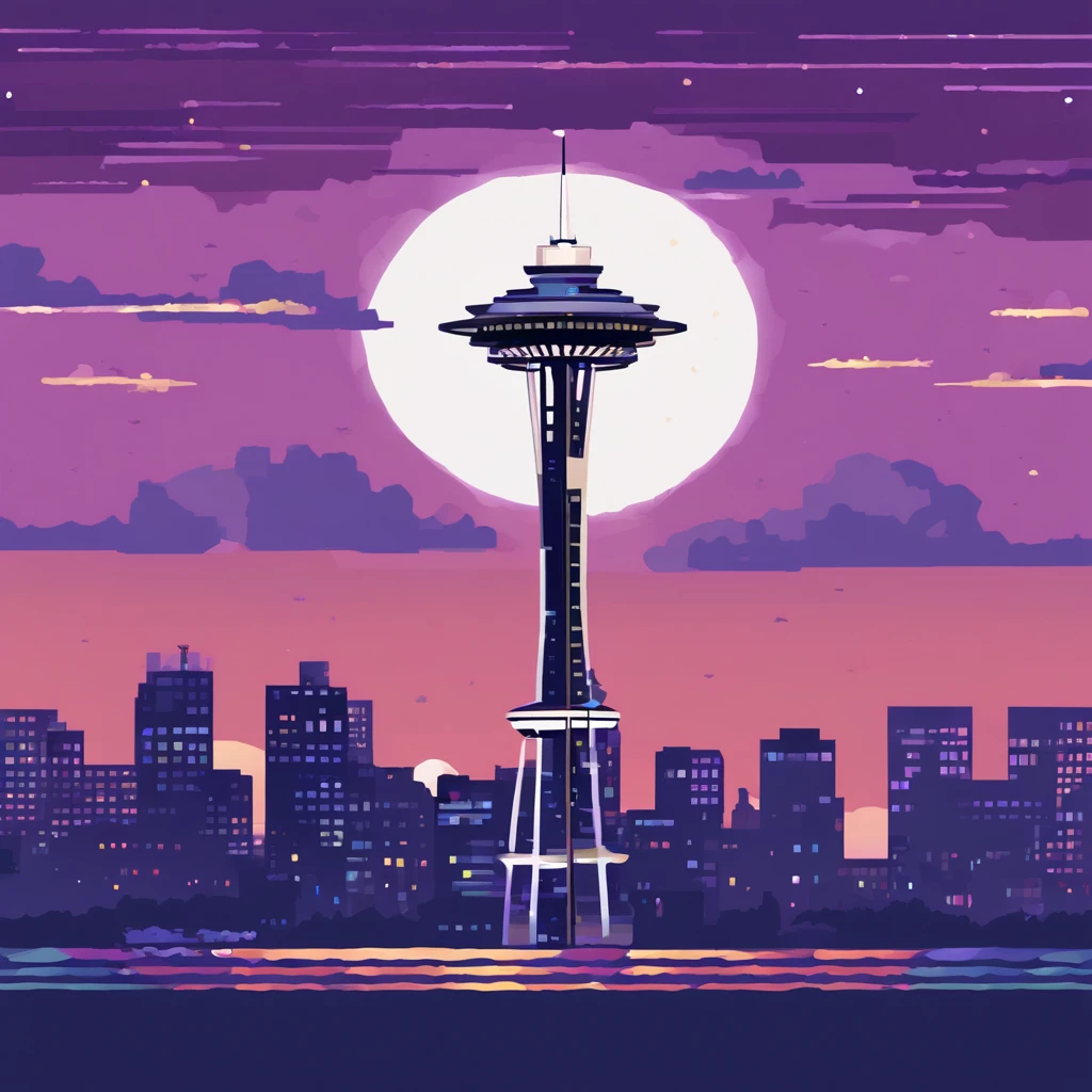 Isekai Space Needle、Space Needle of the near future、Space Needle、landmark、thunder clouds、lightning bolt、thunderstyle, simple purple background,　Space Needle floating in the night view of Seattle、fantasy art, The glowing Space Needle、Fantasy world of Seattle cityscape、from below, night sence, night city view, Composition with emphasis on the presence of the Space Needle、
