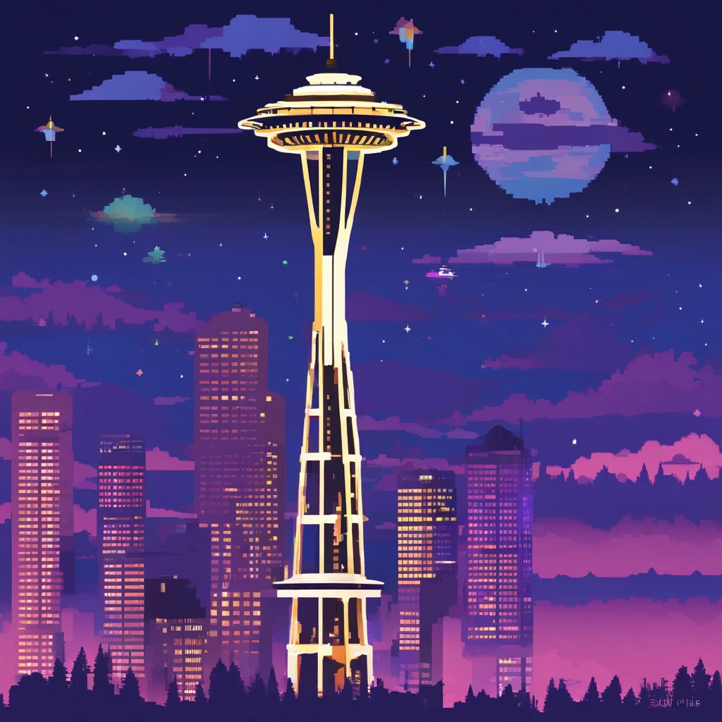 Isekai Space Needle、Space Needle of the near future、Space Needle、landmark、thunder clouds、lightning bolt、thunderstyle, simple purple background, Space Needle floating in the night view of Seattle、fantasy art, The glowing Space Needle、Fantasy world of Seattle cityscape、from below, night sence, night city view, Composition with emphasis on the presence of the Space Needle、
