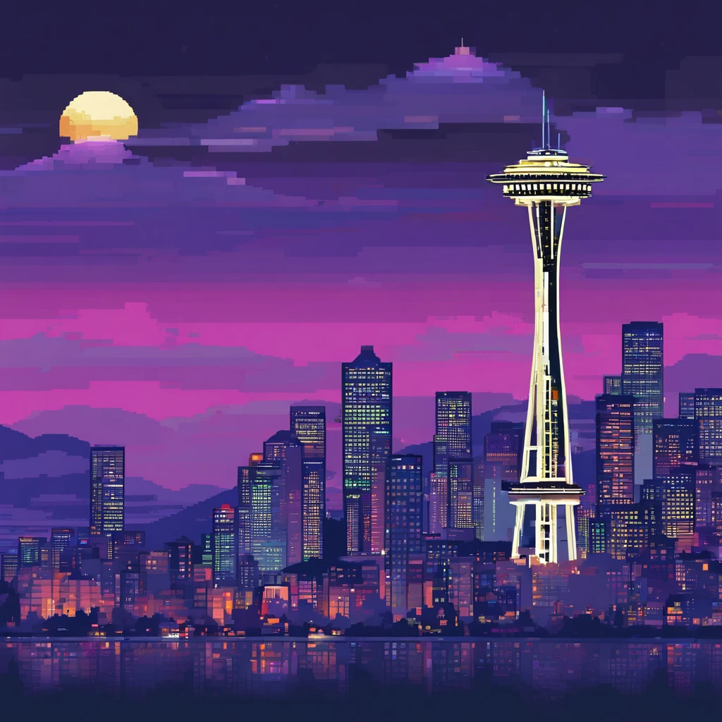 Isekai Space Needle、Space Needle of the near future、Space Needle、landmark、thunder clouds、lightning bolt、thunderstyle, simple purple background, Space Needle floating in the night view of Seattle、fantasy art, The glowing Space Needle、Fantasy world of Seattle cityscape、from below, night sence, night city view, Composition with emphasis on the presence of the Space Needle、