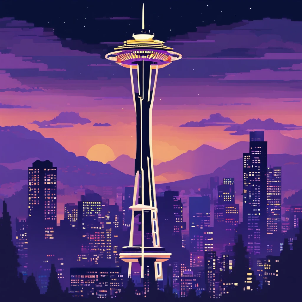 Isekai Space Needle、Space Needle of the near future、Space Needle、landmark、thunder clouds、lightning bolt、thunderstyle, simple purple background, Space Needle floating in the night view of Seattle、fantasy art, The glowing Space Needle、Fantasy world of Seattle cityscape、from below, night sence, night city view, Composition with emphasis on the presence of the Space Needle、