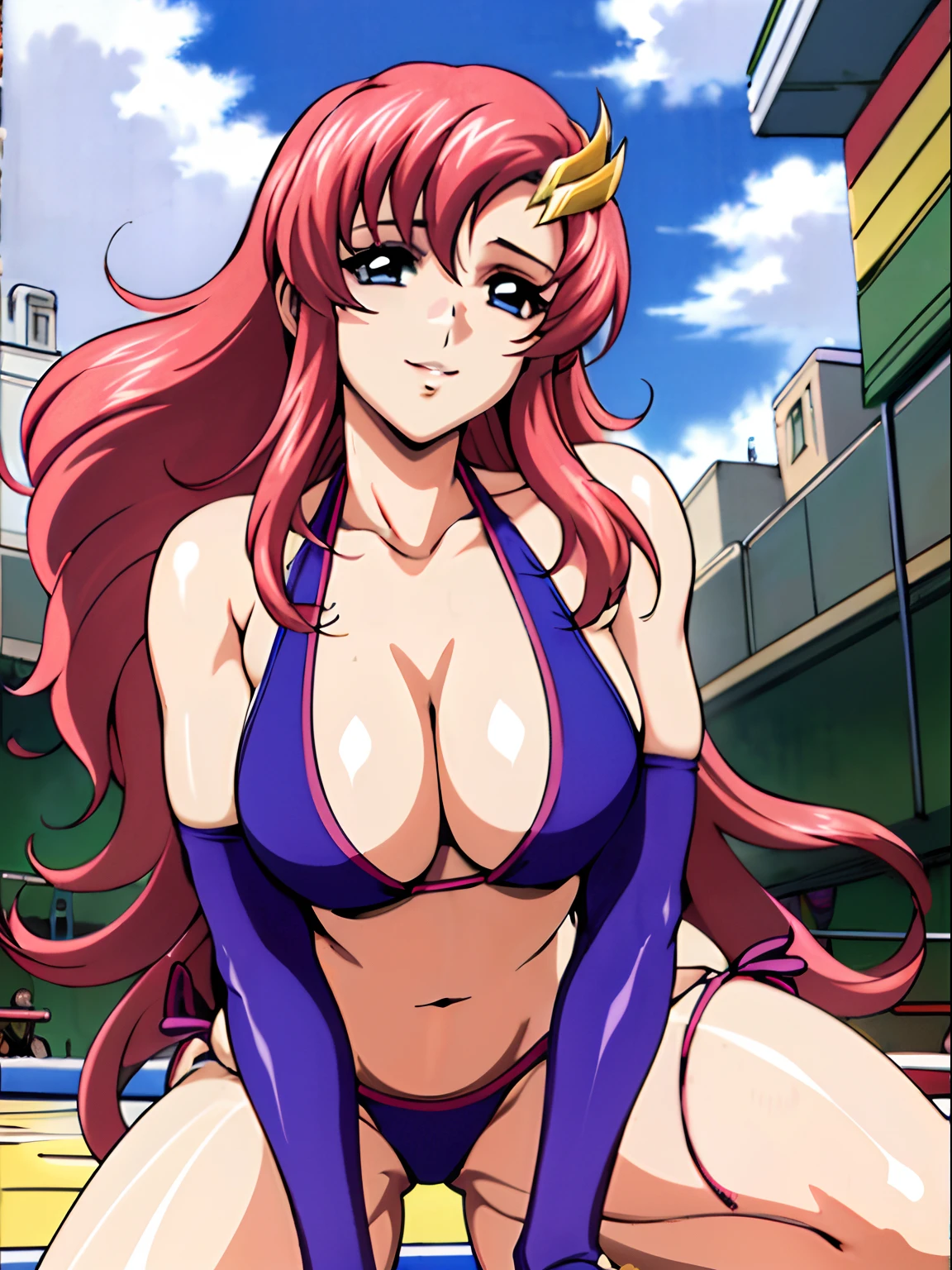 (masterpiece, upper body view, from below, 4K, Best Quality, Anime style: 1.9, , tall, Adult Woman, ultra detailed face, (cloud background, wrestling), Drawing lines, high resolution, Anime, lacus4), 1girl, Solo, curvy figure, Long hair, 鎖骨, scapular, (Detailed wide hair bangs, Hair Ornament, Detailed reddish-pink hair, golden crest), cleavage, large hands, (female wrestler). (Big blue eyes, shiny eyes), ((hands on knees, broad shoulders)), ((perfect proportions, medium breasts, long belly)), (((bikini, pink wrestling gear))), happy, smile, (standing, leaning forward, looking at the viewer)