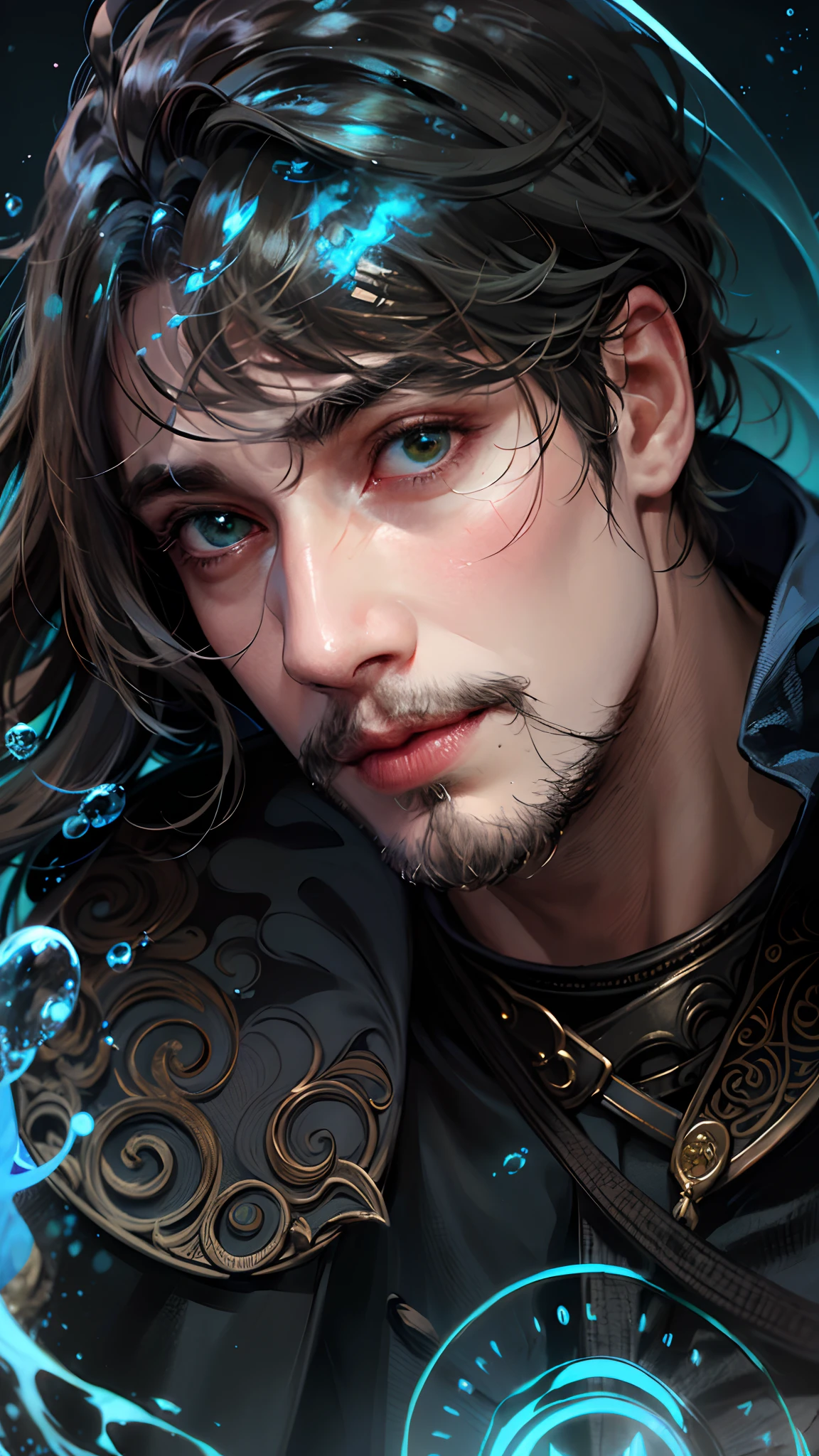 (Absurdres, Intricate Details, Masterpiece, Best Quality, High Resolution, 8k), (1man), (male:1.2), old, aged up, masked face, chiseled jawline, finely detailed eyes and face, thin body, physique exudes strength and power, sienna skin, finely detail eyes and face, green side part hair, dark brown eyes, walrus mustache, grateful, (style-swirlmagic:0.8), solo, half shot, looking at viewer, detailed background, detailed face, (GlowingRunesAI_paleblue, glowing runes theme:1.1), bubble-mage, smiling, walking, Lilac sorcerer robes, surrounded by bubbles, floating orbs, large bubbles, wisps of magic, vortex, floating particles, transclucent, radiant, bubbles in background, intricate patterns, fog, jovial magical atmosphere,, exact, Depth of Field, VFX, Realistic,