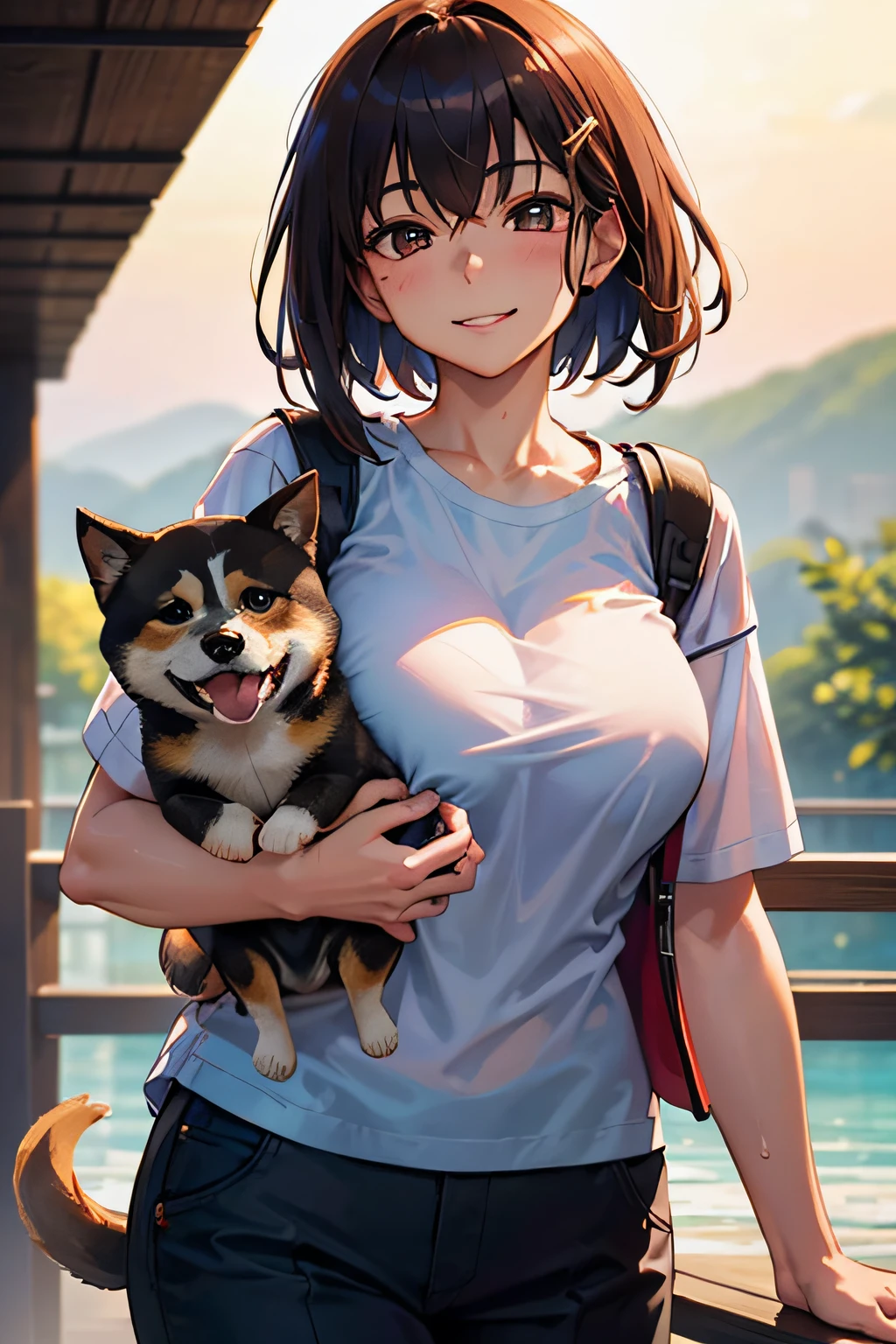 (Girl taking a walk with a puppy:1.3),(Shiba dog:1.3),Have a lead,Crystal clear water flows,beautiful mountain in background々,Very Big White T-Shirt,Cargo pants, gently smiling、(beautiful a girl)、(short hair of red-brown color、hair pin、poneyTail、Floating hair、)Colossal tits、A smile that beguiles the viewer、Look into the photographer、skin glistening with sweat、gazing at viewer,pointed red mouth,Perfect round face,,Proper body proportion,Intricate details,Very delicate and beautiful hair,photos realistic,Dreamy,Professional Lighting,realistic shadow,Beautiful hands,Beautiful fingers,Detailed finger features,Detailed arm functions,detailed clothes features,Detailed hair features,detailed facial features,(masutepiece,top-quality,Ultra-high resolution output image,) ,(The 8k quality,),(Image Mode Ultra HD,)