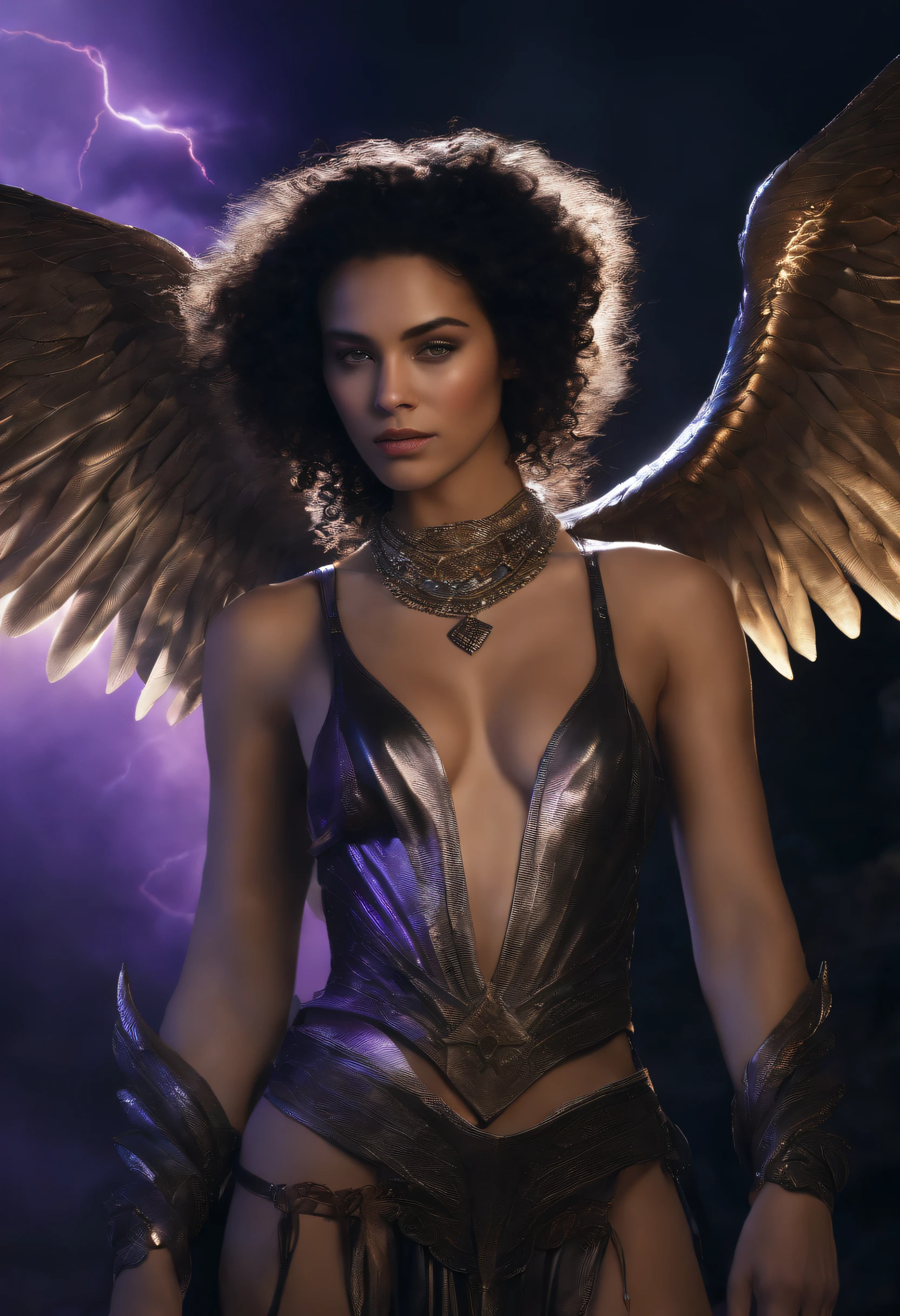 high quality full length portrait,  RAW photo of  european  20yo woman with iridescent angel wings, a warrior, small breasts,  short dark purple hair, natural pale skin texture, jeweled diadem, silver necklace, night, lightning, volcano and mountain background, short depth of field, intricate, elegant, detailed textures, sharp focus, coiled arm band, bracelets, neck chain ultra high pixel detail, cinematic, intricate, cinematic light, concept art, art station, realistic, movie scene, cinematic, high quality, craig mullins and wayne barlowe style, full colors, incredibly detailed, 4k, 8k, erotic, gothic,