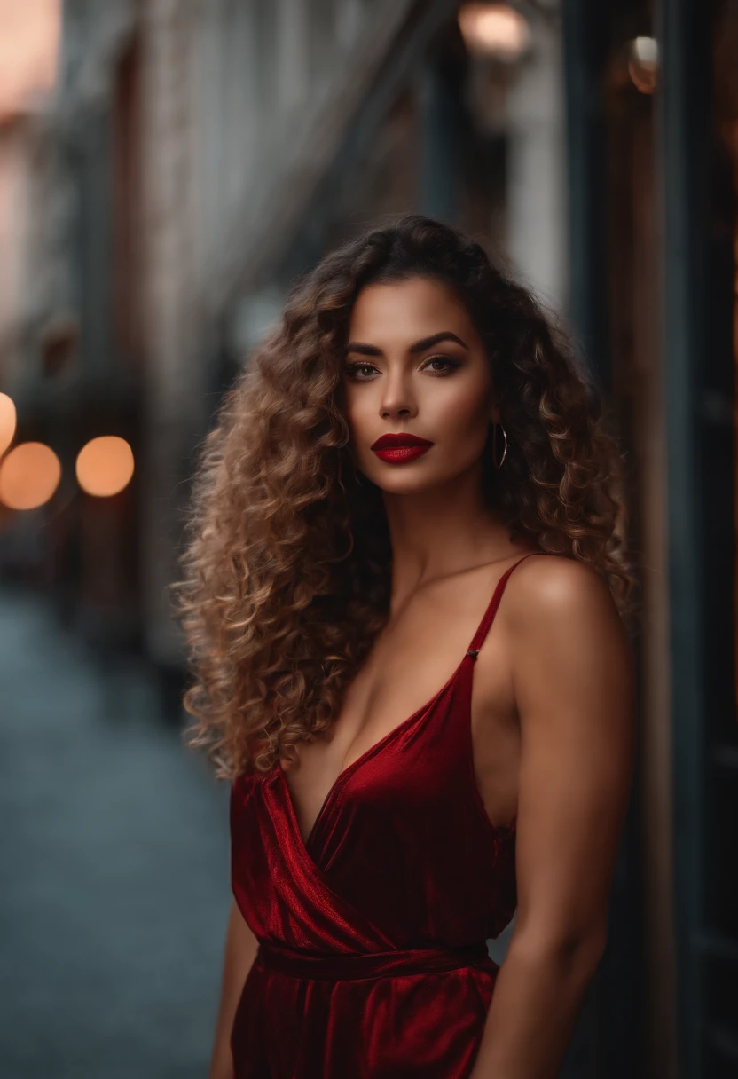Sexy femme latine merveilleuse portant une combinaison de homewear ,rouge a levre ,8k, ombre , City background , poses sexy, long curly hair,