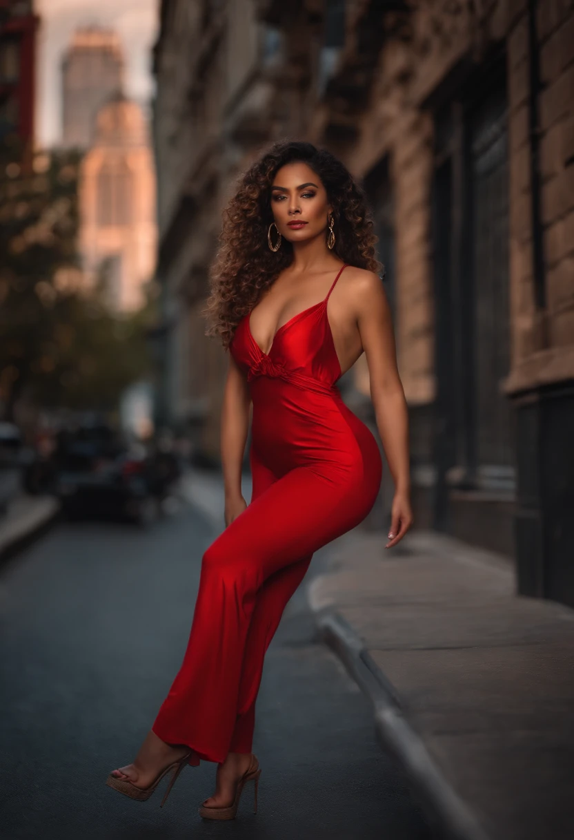 Sexy femme latine merveilleuse portant une combinaison de homewear ,rouge a levre ,8k, ombre , City background , poses sexy, long curly hair,