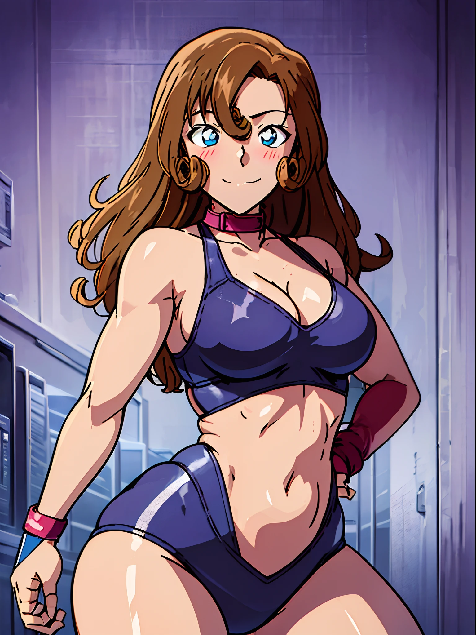 front view, cowboy shot, ultra detailed face, best quality, anime style, hires, highest definition, digital blending, bold drawing lines, ((weak body, female wrestler), (slender body), mature woman, milf, (wrestling gear, collar band), victorious, gorgeous, winner, not blushing, confident face, smile, (closed mouth), (pale skin, shiny skin, lighting and shadow), (cleavage), (clean face), (warming up), closed fists, (brown, curly hair, long hair, curly bangs), 37 years old,