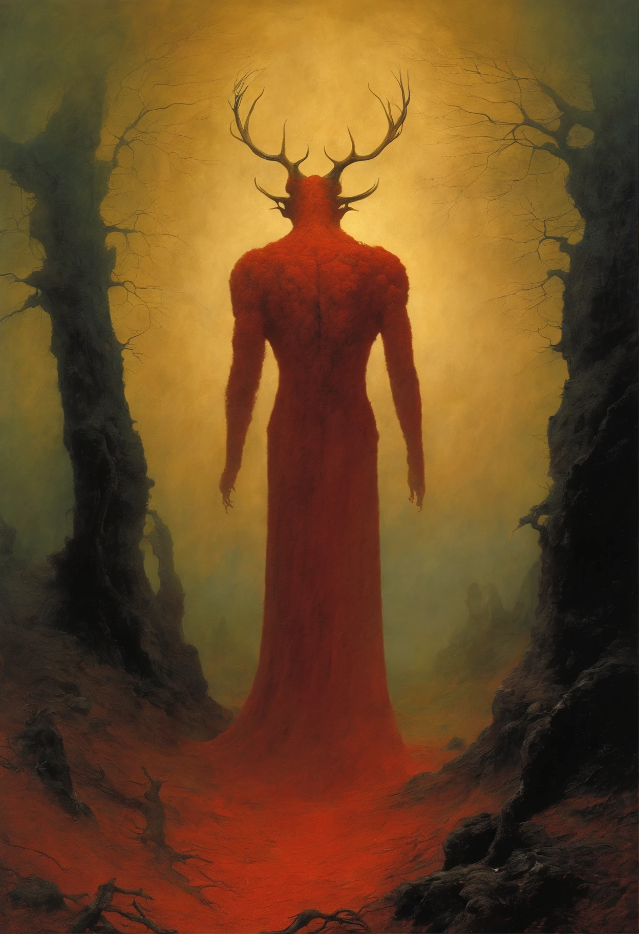 mythological creatures, author:Zdzislaw Beksinski和Van Gogh, album covers, romatic, surrealism, Futuristic ,satan, coral, wizard, abstracted, Dark, Red, hell, landscape