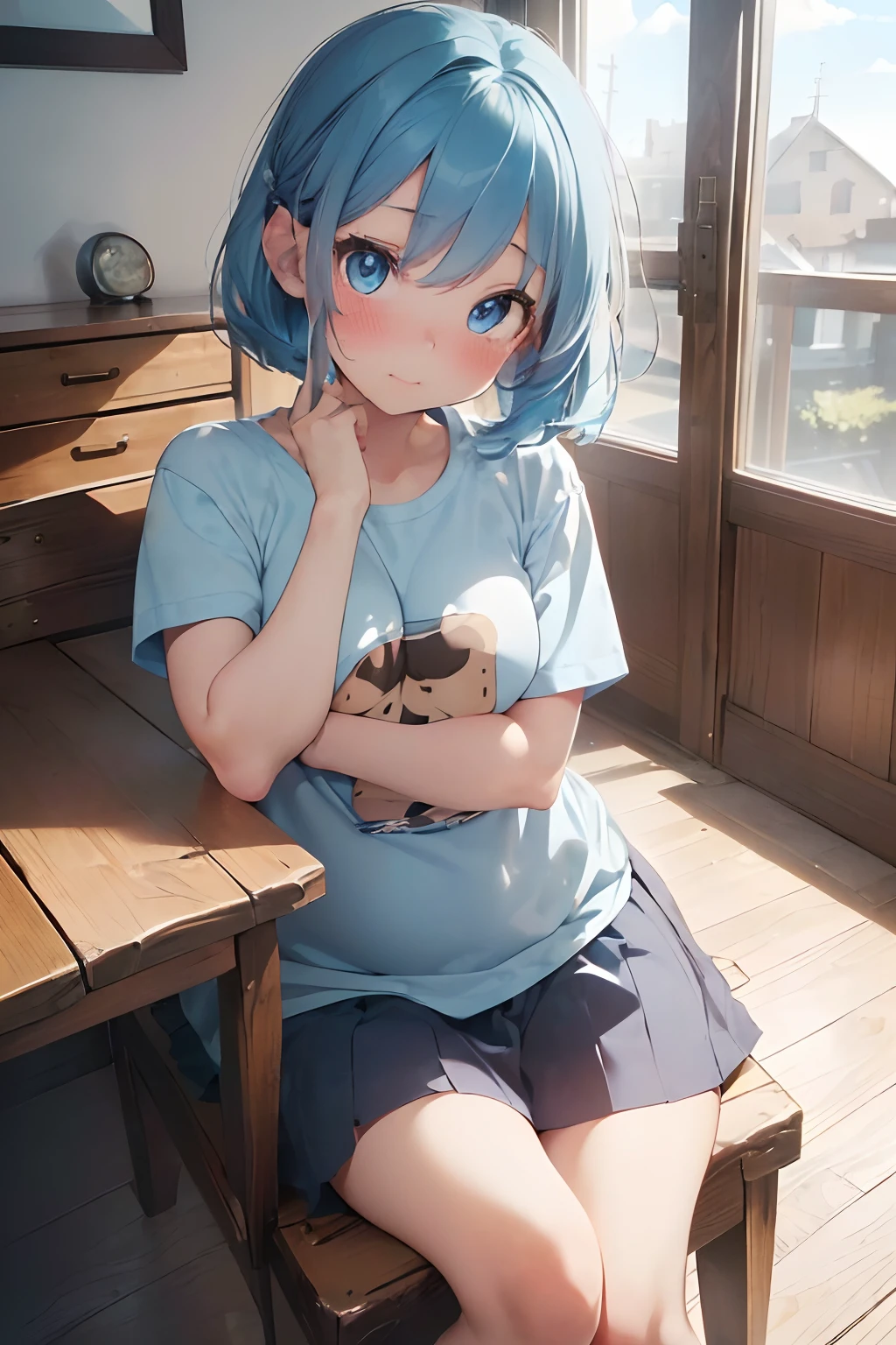 Masterpiece, high resolution, extremely detailed, realistic, 1 girl, (((cute face, (young), fat, cute eyes, short sky blue hair, bright blue eyes, lovestruck, blushing:1.3, embarressed, sitting on small wooden chair, shirt too tight))), ((bedroom, in corner))