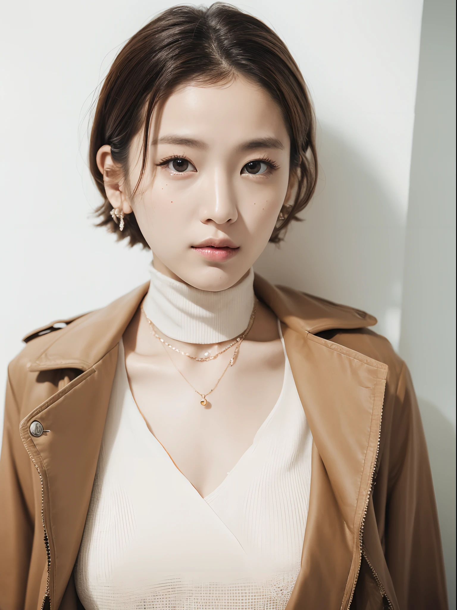 top-quality:1.3、​masterpiece、hight resolution、［1 girl in］、｛独奏｝、Raw photo、Real person、mascara, ,(Textured skin, Skin pores:1.1), (Mole:0.8), (Imperfect skin:1.1) intricate detailes, face perfect, (hitornfreckles:0.9), ((Photorealsitic):1.1), (Unripe, 8K:1.2)、Detailed skin、japanes、short-hair、catchlight、piercings、a necklace、white walls、White Room