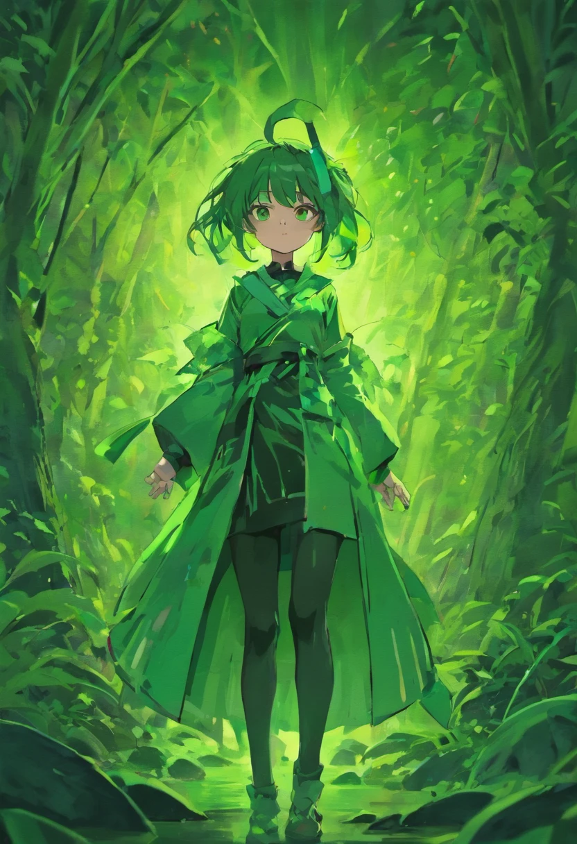 Luo Xiao Black War style comics , Comic storyboard ,Four pictures ,Four comic drawings with logical continuity,Green forest and Luo Xiaohei,Blue glowing elf