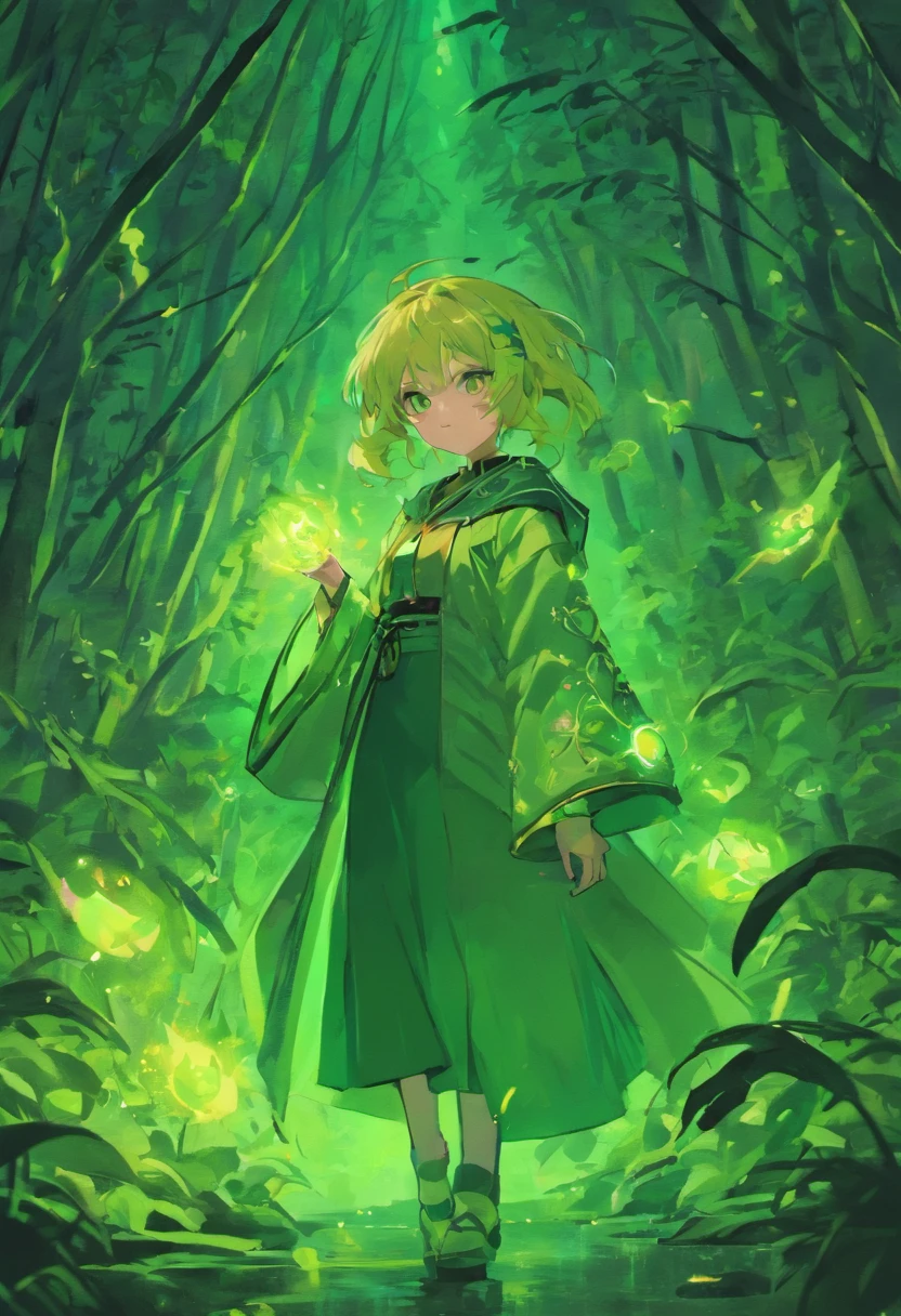 Luo Xiao Black War style comics , Comic storyboard ,Four pictures ,Four comic drawings with logical continuity,Green forest and Luo Xiaohei,Blue glowing elf