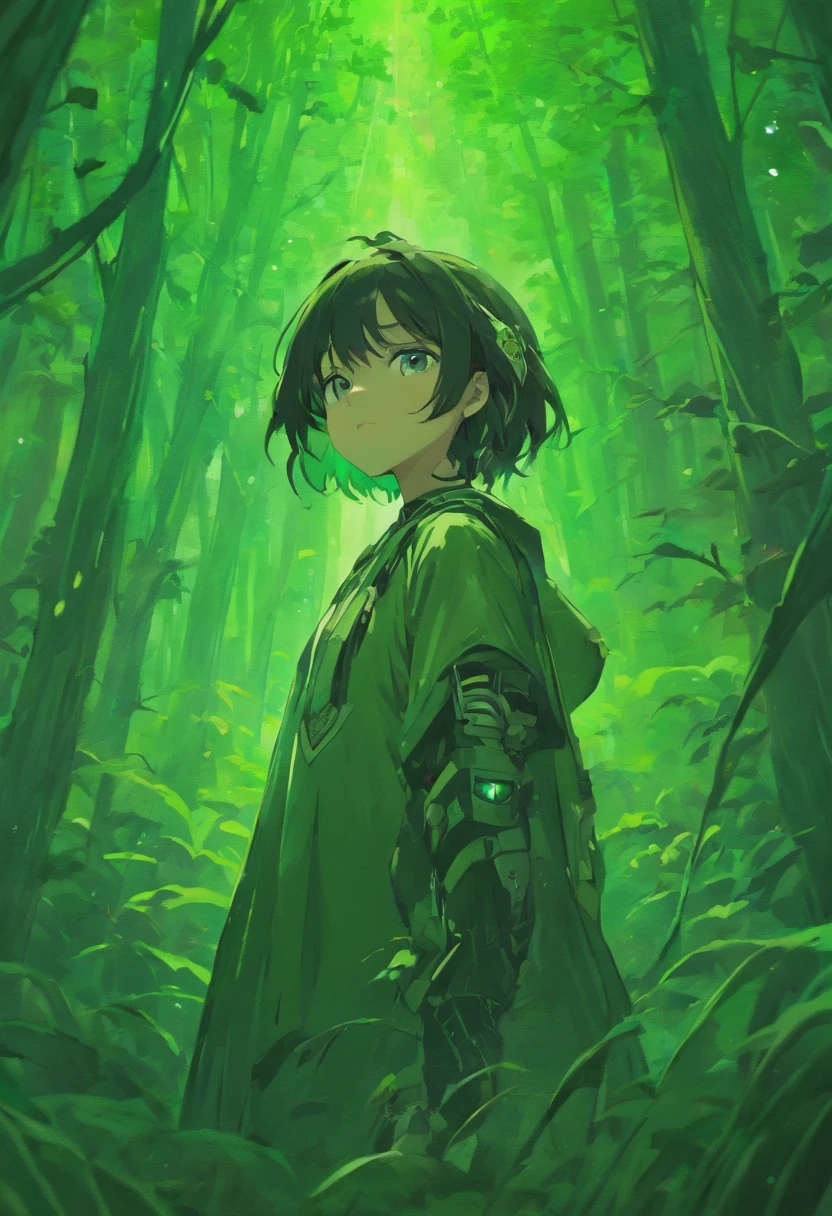 Luo Xiao Black War style comics , Comic storyboard ,Four pictures ,Four comic drawings with logical continuity,Green forest and Luo Xiaohei,Blue glowing elf