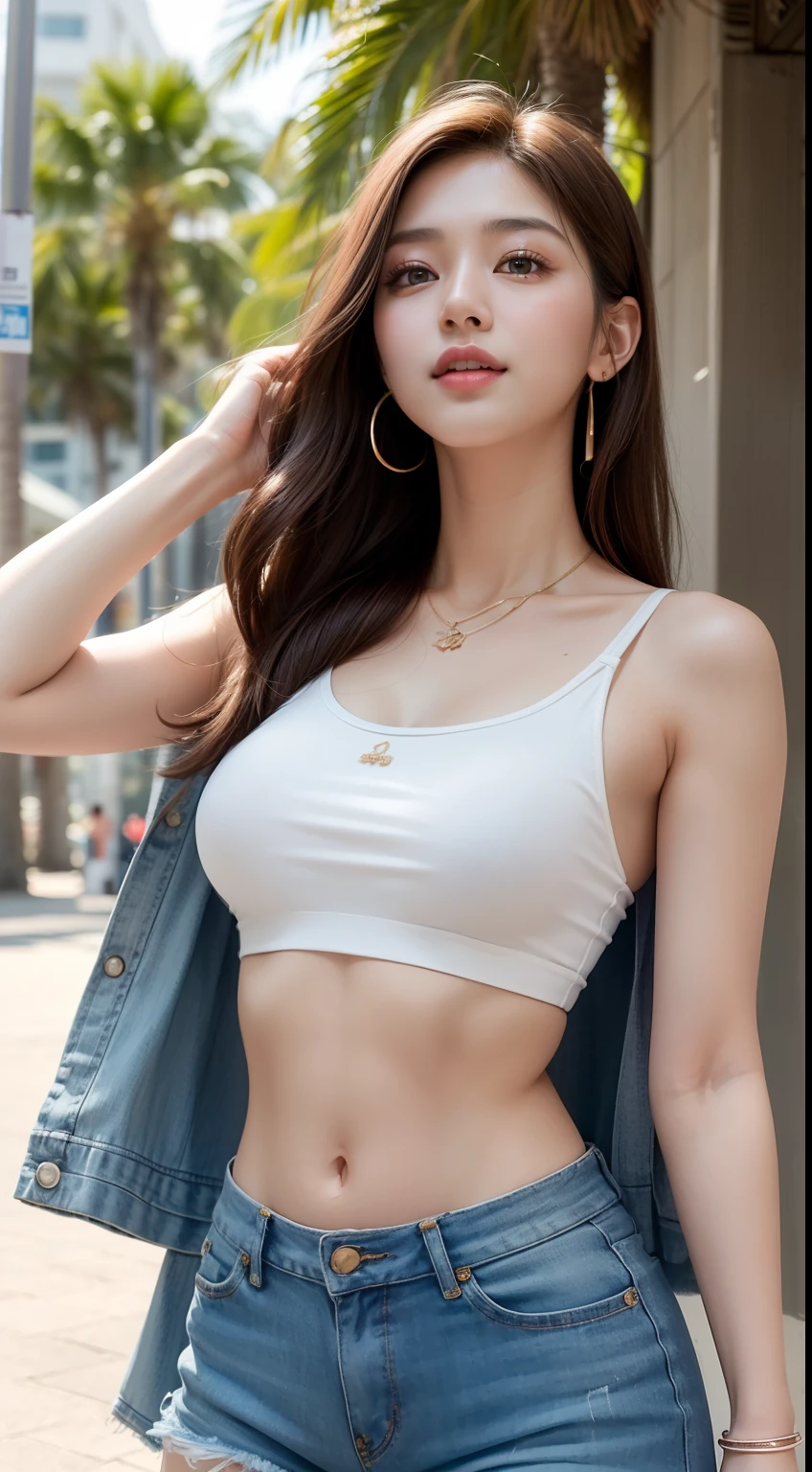 8K, masutepiece, Raw foto, Best Quality, Photorealistic, Extreme Details CG Unity 8K Wallpapers, depth of fields, Cinematic Light, lensflare, Ray traching, (Extremely beautiful face, Beautiful lips, beautidful eyes), intricate detail face, ((Ultra Detail Skin)) 1girl in, (Korean model Kim Daun, Dhoni), (Korean model Kim Daun, Dhoni), (Korean model Kim Daun, Dhoni), (Korean model Kim Daun, Dhoni), (Korean model Kim Daun, Dhoni),1 girl, (very thin muscular body:1.3), ((look up at viewer)),(huge smile:1.3), (blured background), A glimmer of light), (No people in the background.:1.3), Beautiful earrings, wristbands, Necklaces, pantyhose, Clear eyes, Walking , Front shot, (pale-skinned), (Big eyes), (Big eyes) (Big eyes), (Big eyes), (Big eyes), Facing forward, (Full body shot), (ligh brown hair), Open the navel............, (look up at viewer:1.3), Very slim, Colossal tits, Colossal tits, Colossal tits, Colossal tits, Colossal tits, a slender waist, small hips, , a slender waist, small hips, a slender waist, small hips, a slender waist, small hips, return, (White tank top t-shirt and ripped shorts, (seaside, vague, Palm Tree)