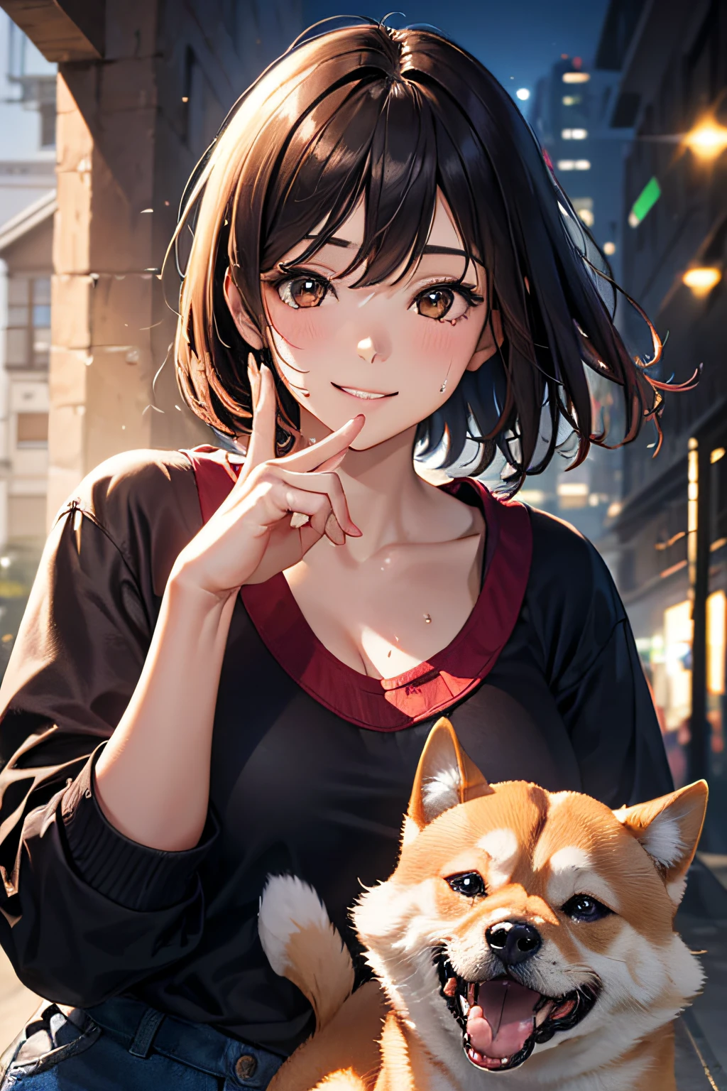 (Girl taking a walk with a puppy:1.3),(Shiba dog:1.3),Have a lead,Crystal clear water flows,beautiful mountain in background々,Very Big White T-Shirt,Cargo pants, gently smiling、(beautiful a girl)、(short hair of red-brown color、hair pin、poneyTail、Floating hair、)Colossal tits、A smile that beguiles the viewer、Look into the photographer、skin glistening with sweat、gazing at viewer,pointed red mouth,Perfect round face,,Proper body proportion,Intricate details,Very delicate and beautiful hair,photos realistic,Dreamy,Professional Lighting,realistic shadow,Beautiful hands,Beautiful fingers,Detailed finger features,Detailed arm functions,detailed clothes features,Detailed hair features,detailed facial features,(masutepiece,top-quality,Ultra-high resolution output image,) ,(The 8k quality,),(Image Mode Ultra HD,)