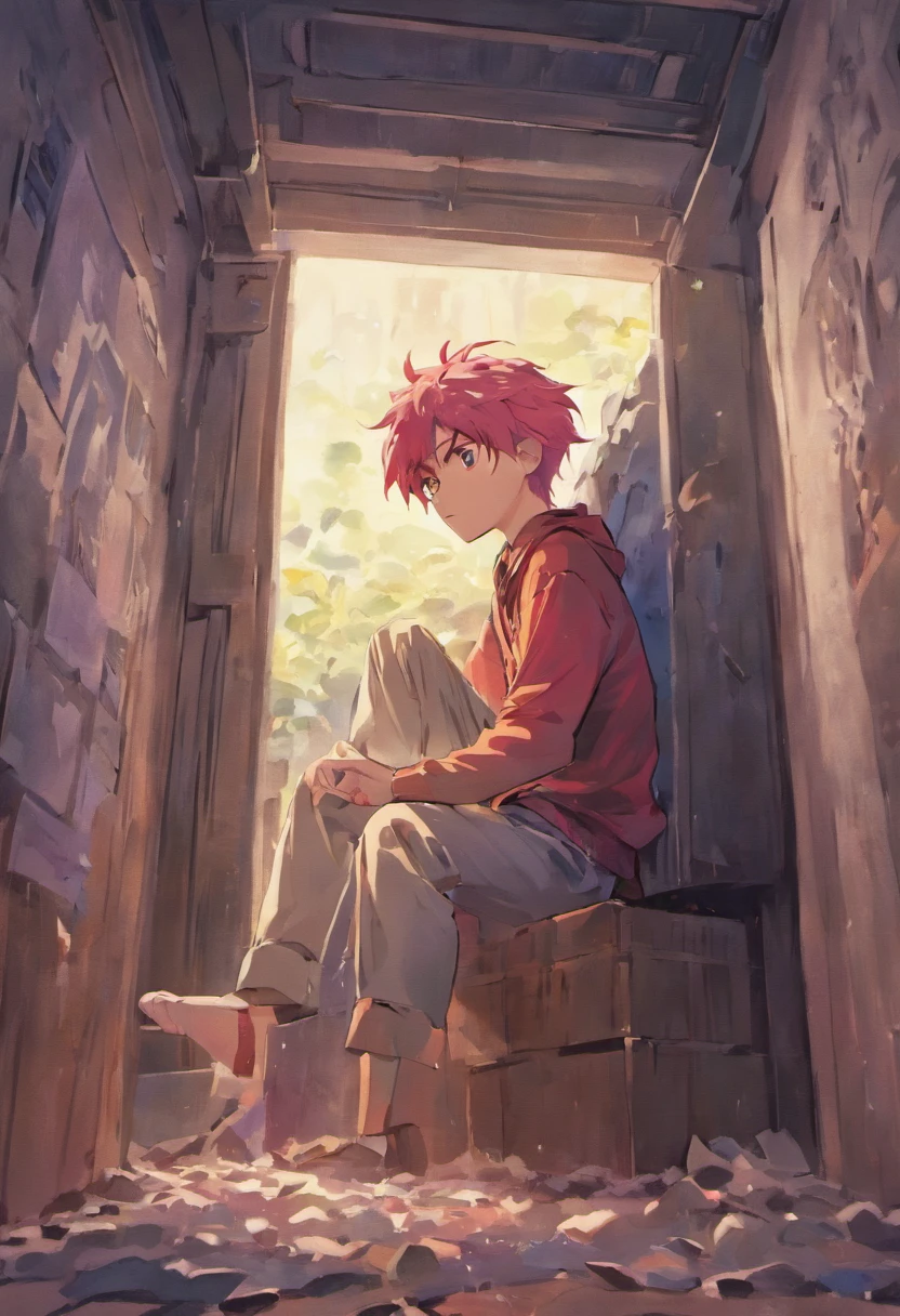gojo satoru sitting inside of a box, sitting, leaning against the side wall, young adult, bored, purple magic energy coming from his right hand, 1 person, blue eyes, white hair, highres, ultrasharp, 8K, masterpiece, mysterious atmosphere, anime style, jujutsu kaisen, 16:9 aspect ratio