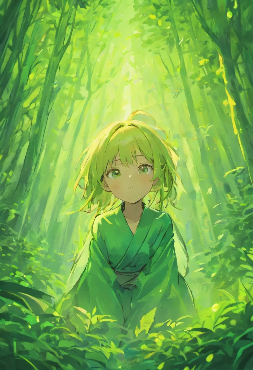 Japanese manga style manga , Comic storyboard ,Four pictures ,Four caricatures with logical continuity,Green Forest and Luo Xiaohei,Blue glowing elf