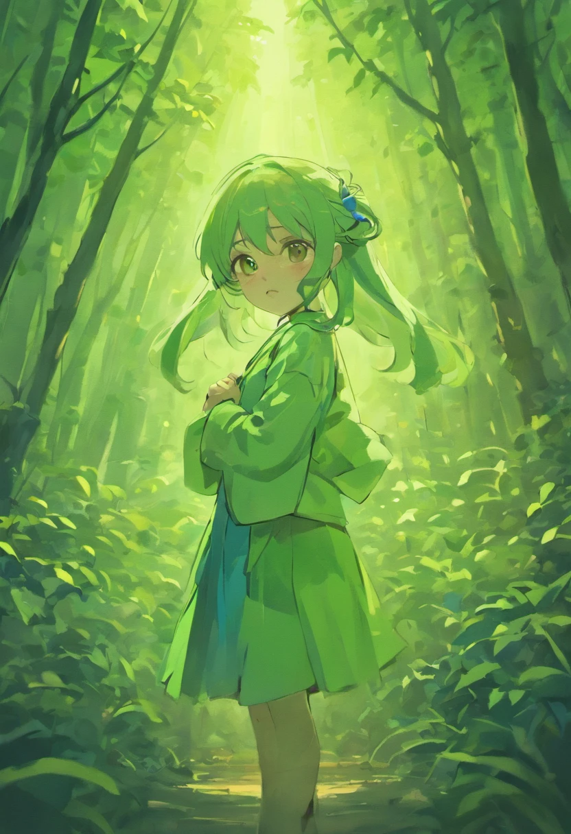 Japanese manga style manga , Comic storyboard ,Four pictures ,Four caricatures with logical continuity,Green Forest and Luo Xiaohei,Blue glowing elf