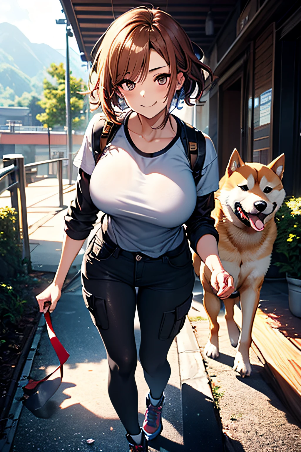 (Girl taking a walk with a puppy:1.3),(Shiba dog:1.3),Have a lead,Crystal clear water flows,beautiful mountain in background々,Very Big White T-Shirt,Cargo pants, gently smiling、(beautiful a girl)、(short hair of red-brown color、hair pin、poneyTail、Floating hair、)Colossal tits、A smile that beguiles the viewer、Look into the photographer、skin glistening with sweat、gazing at viewer,pointed red mouth,Perfect round face,,Proper body proportion,Intricate details,Very delicate and beautiful hair,photos realistic,Dreamy,Professional Lighting,realistic shadow,Beautiful hands,Beautiful fingers,Detailed finger features,Detailed arm functions,detailed clothes features,Detailed hair features,detailed facial features,(masutepiece,top-quality,Ultra-high resolution output image,) ,(The 8k quality,),(Image Mode Ultra HD,)