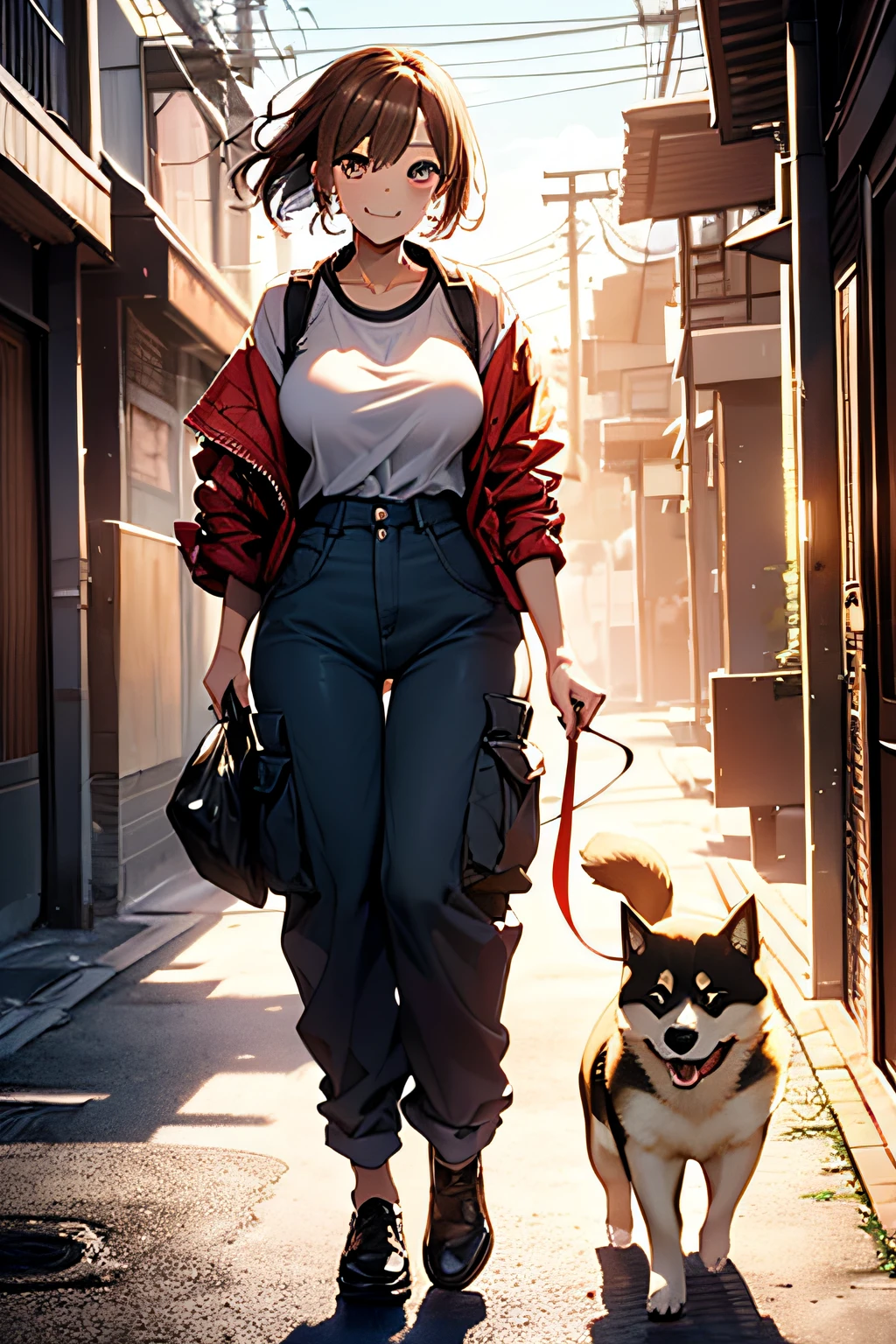(Girl taking a walk with a puppy:1.3),(Shiba dog:1.3),Have a lead,Crystal clear water flows,beautiful mountain in background々,Very Big White T-Shirt,Cargo pants, gently smiling、(beautiful a girl)、(short hair of red-brown color、hair pin、poneyTail、Floating hair、)Colossal tits、A smile that beguiles the viewer、Look into the photographer、skin glistening with sweat、gazing at viewer,pointed red mouth,Perfect round face,,Proper body proportion,Intricate details,Very delicate and beautiful hair,photos realistic,Dreamy,Professional Lighting,realistic shadow,Beautiful hands,Beautiful fingers,Detailed finger features,Detailed arm functions,detailed clothes features,Detailed hair features,detailed facial features,(masutepiece,top-quality,Ultra-high resolution output image,) ,(The 8k quality,),(Image Mode Ultra HD,)