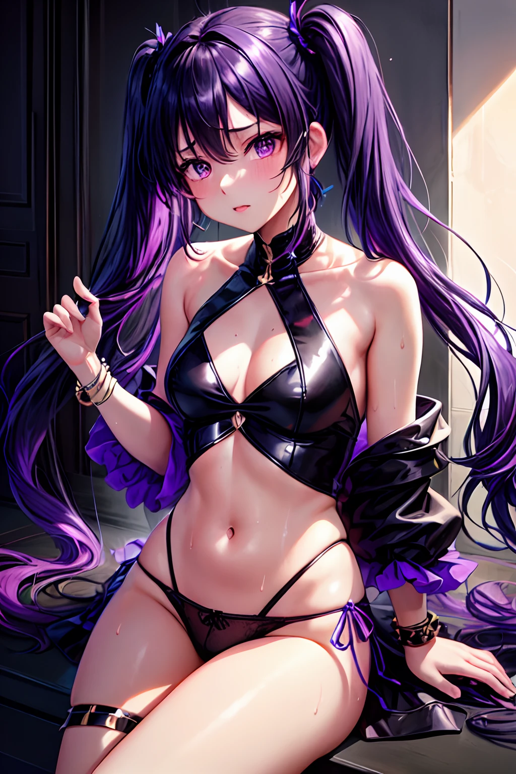 hight resolution, top-quality, ultra-quality, The ultra-detailliert, lighting like a movie、girl with、Black Dress、Prickly bangles、Blue-haired twintails(Purple gradient)、tiny chest、Aimei、Black High Heels、embarrassed from、full of sweat、Wearing sweat、black panties、