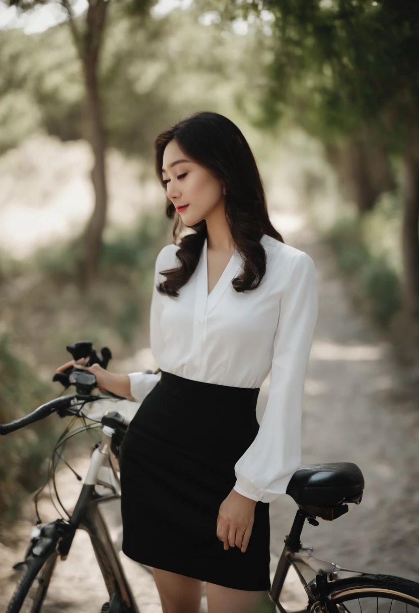 High quality，tmasterpiece，超A high resolution，(Photorealsitic),（realisticlying：1.4），RAW photogr，1girll，(Full body photo)，Thin macho、Split abs、good looking face，slim，Dignified，Small fresh，（White collar blouse，Black short skirt），ssmile，long black hair ponytail，Beautiful Hair Accessories，Beautiful girl in her 40s Japan，Detailed scene, beautiful digital illustrations, detaileds，ultra-detailliert, cinematic quality, (Beauty and aesthetics，big breasts beautiful)，Correct hand，anatomy correct, ((From below))、full bodyesbian、Walk along the beach while pushing the bike with your hands、Red Bicycle