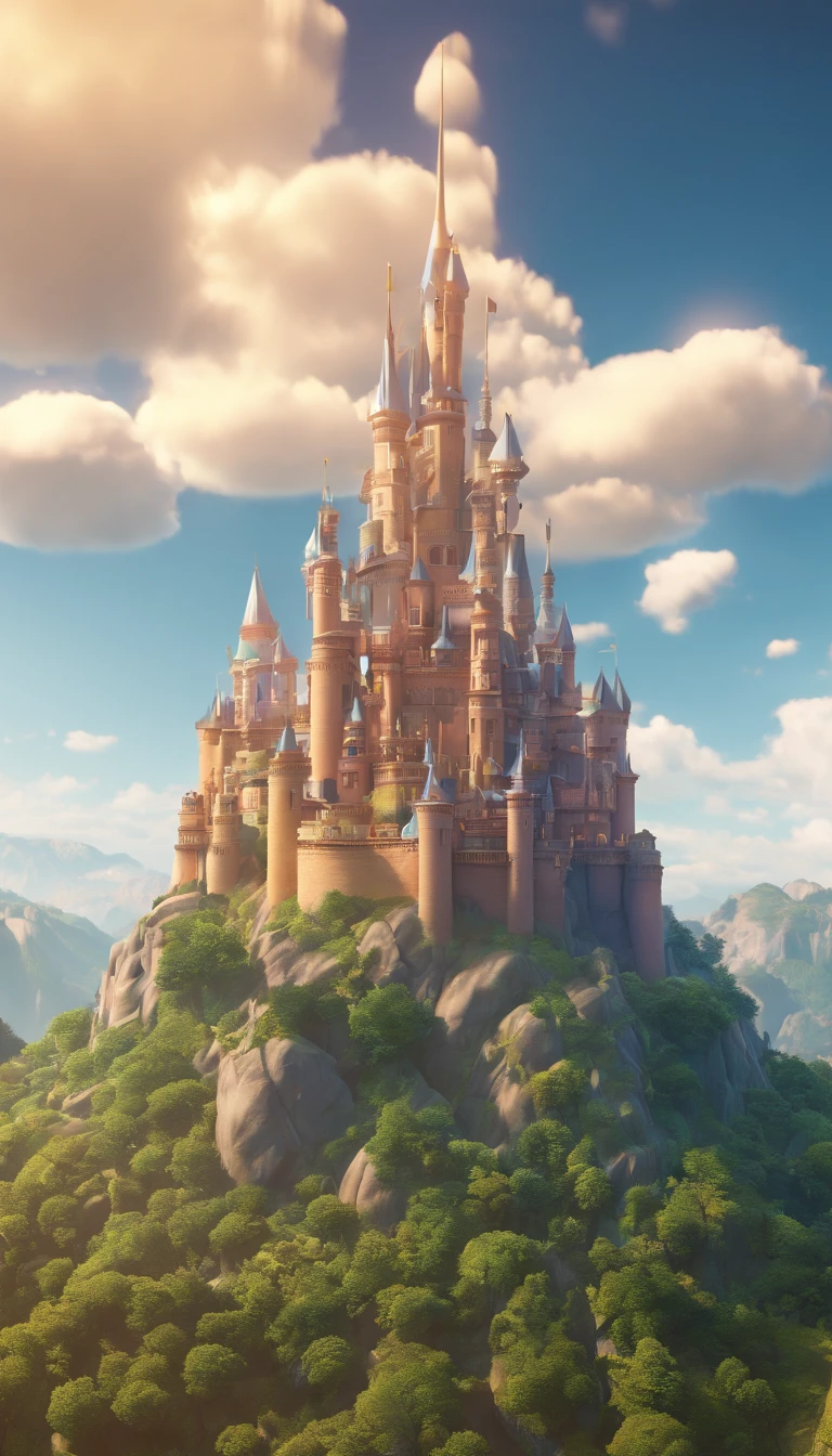Castle in the Sky Mountains float in the sky On the hills are modern buildings surrounded by clouds