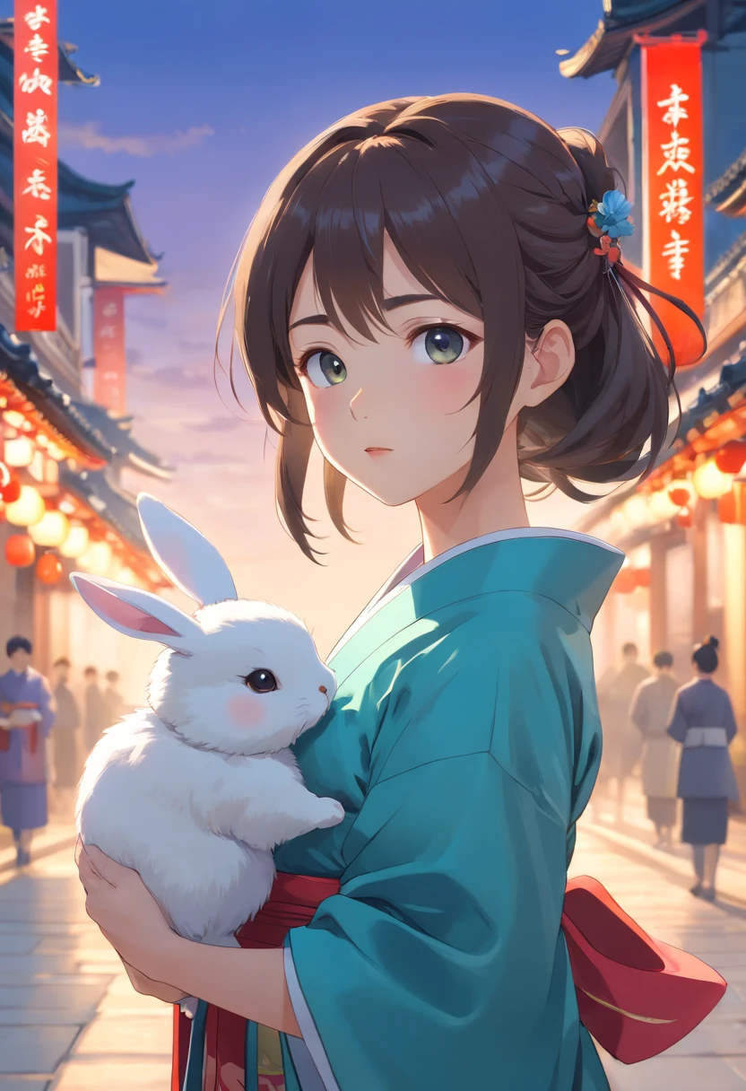 A girl from the Tang Dynasty dressed in traditional Chinese costume (Hanfu), The expression is cute and innocent, Holding a white rabbit. Set against the backdrop of the bustling streets of Chang'an, (full body shot of:1.4), Precision and precise details, Depth of field, 8k解像度, A masterpiece, Beautiful wallpapers, top notch quality, High level of detail, Perfect facial features, Official artwork, and blurred backgrounds. - Niji 5 - Q 2