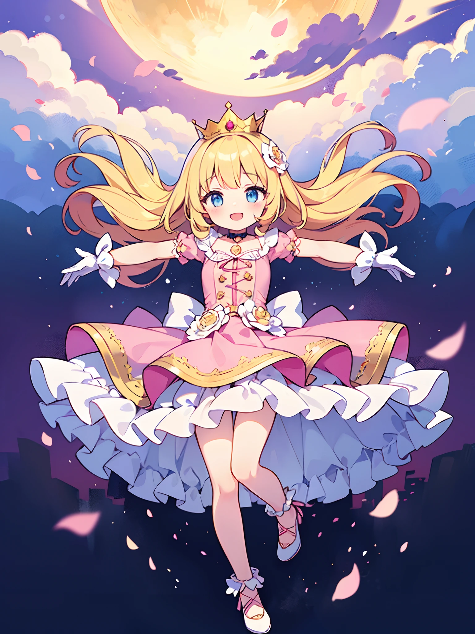 (masterpiece, best quality), beautiful illustration, 1girl, solo, smile, kawaii, blonde hair, long hair, wavy hair, ultra-detailed pale blue eyes, tareme, full_body, golden crown, princess, pink dress, (frills with complex designs), white gloves, outstretched arms, (clouds, twilight, wind, fluttering petals)