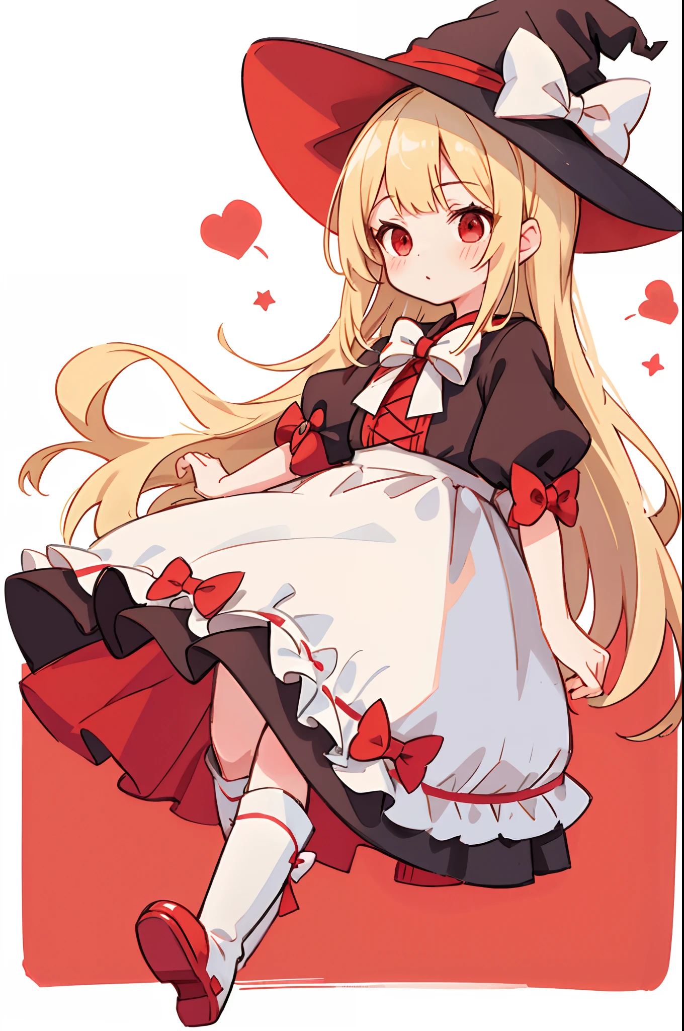 1girl in,Witch,Solo, Full body,Long hair, Blonde hair, Witch Hat,Red Eyes,Puffy sleeves,white_Bow,Dress,Red_Footwear,Bow, Short sleeves,long boots,