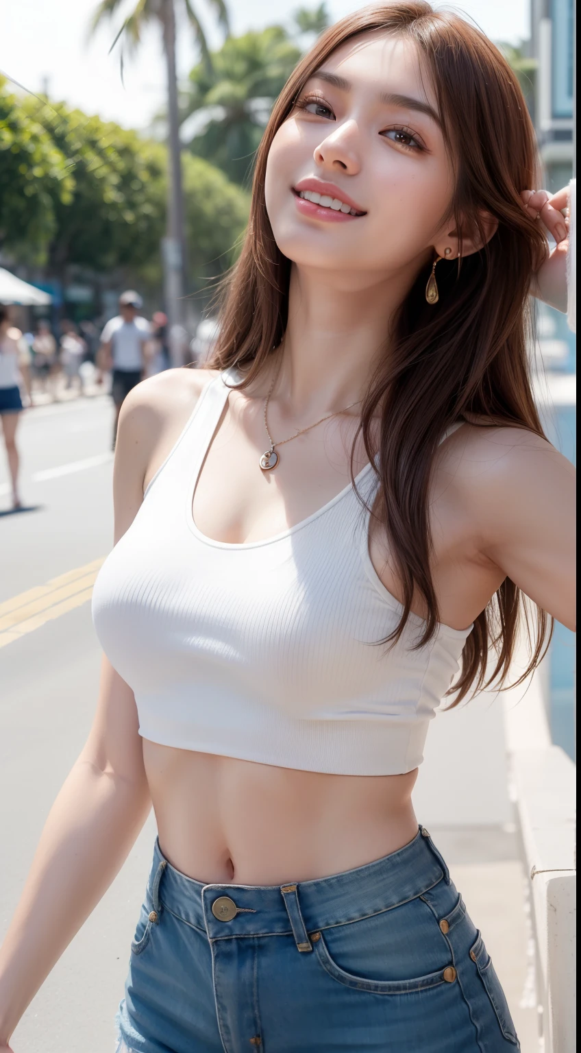 8K, masutepiece, Raw foto, Best Quality, Photorealistic, Extreme Details CG Unity 8K Wallpapers, depth of fields, Cinematic Light, lensflare, Ray traching, (Extremely beautiful face, Beautiful lips, beautidful eyes), intricate detail face, ((Ultra Detail Skin)) 1girl in, (Korean model Kim Daun, Dhoni), (Korean model Kim Daun, Dhoni), (Korean model Kim Daun, Dhoni), (Korean model Kim Daun, Dhoni), (Korean model Kim Daun, Dhoni),1 girl, (very thin muscular body:1.3), ((look up at viewer)),(huge smile:1.3), (blured background), A glimmer of light), (No people in the background.:1.3), Beautiful earrings, wristbands, Necklaces, pantyhose, Clear eyes, Walking , Front shot, (pale-skinned), (Big eyes), (Big eyes) (Big eyes), (Big eyes), (Big eyes), Facing forward, (Full body shot), (ligh brown hair), Open the navel............, (look up at viewer:1.3), Very slim, Colossal tits, Colossal tits, Colossal tits, Colossal tits, Colossal tits, a slender waist, small hips, , a slender waist, small hips, a slender waist, small hips, a slender waist, small hips, return, (White tank top t-shirt and ripped shorts, (seaside, vague, Palm Tree)