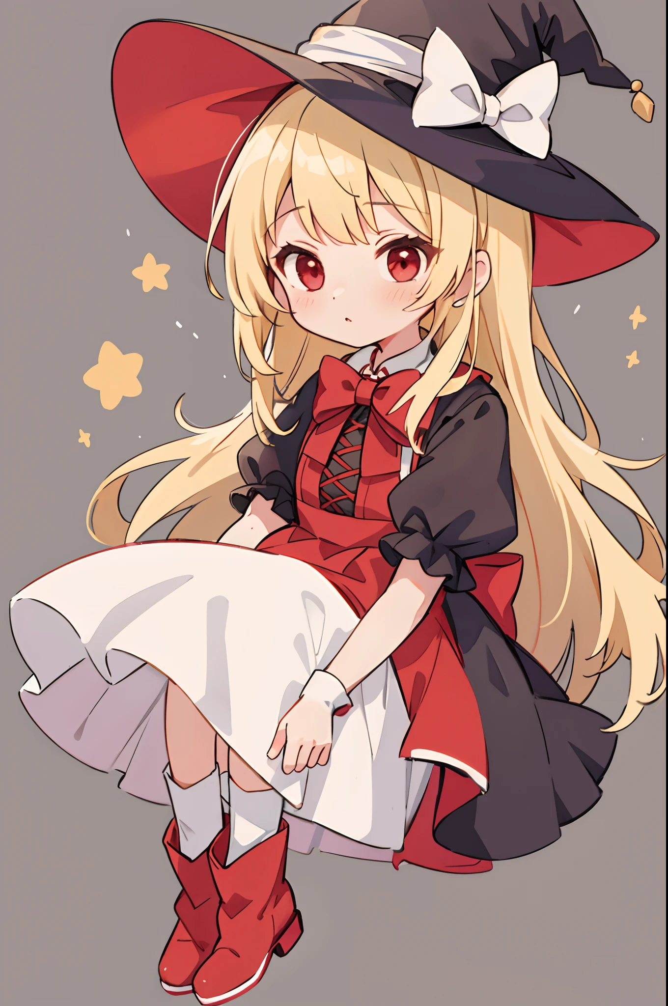 1girl in,Witch,Solo, Full body,Long hair, Blonde hair, Witch Hat,Red Eyes,Puffy sleeves,white_Bow,Dress,Red_Footwear,Bow, Short sleeves,long boots,