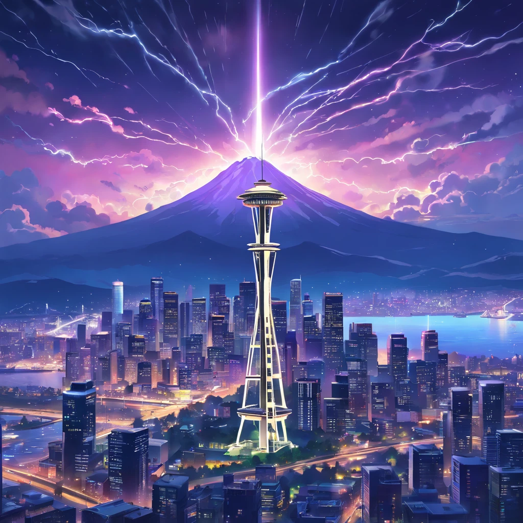 Isekai Space Needle、Space Needle of the near future、Space Needle、landmark、thunder clouds、lightning bolt、thunderstyle, simple purple background, Space Needle floating in the night view of Seattle、fantasy art, The glowing Space Needle、Fantasy world of Seattle cityscape、from below, night sence, night city view, Composition with emphasis on the presence of the Space Needle、