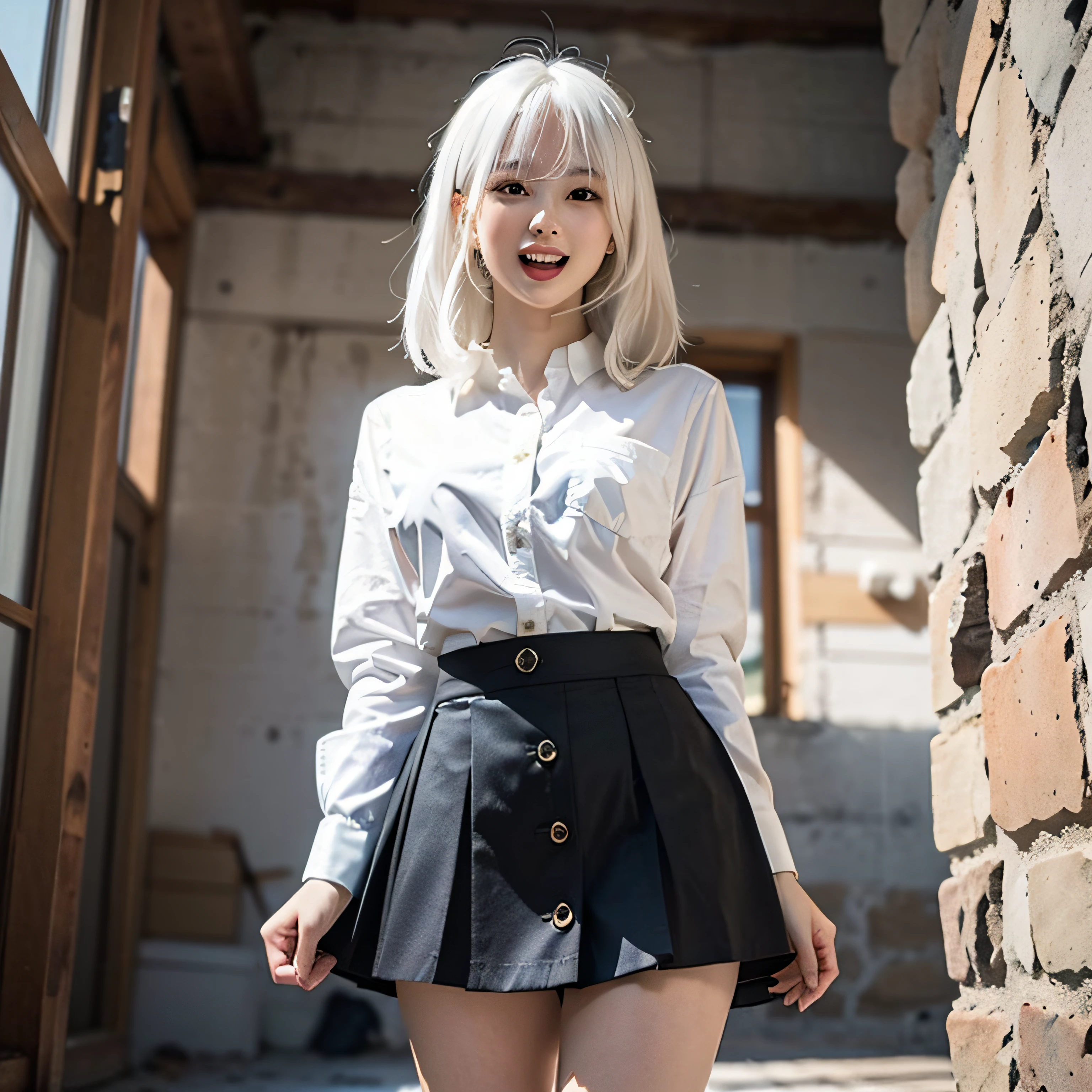((masutepiece, Best Quality)), (1girl in), (Solo), (female focus), (Ahoge, White hair, Very long hair), Gold eyes, lightsmile, Open mouth, ((White shirt), (Buttoned shirt), (buttonGap)), ((Black skirt), (Short skirt)), Standing, White background, arms behind back, Dynamic Angle,