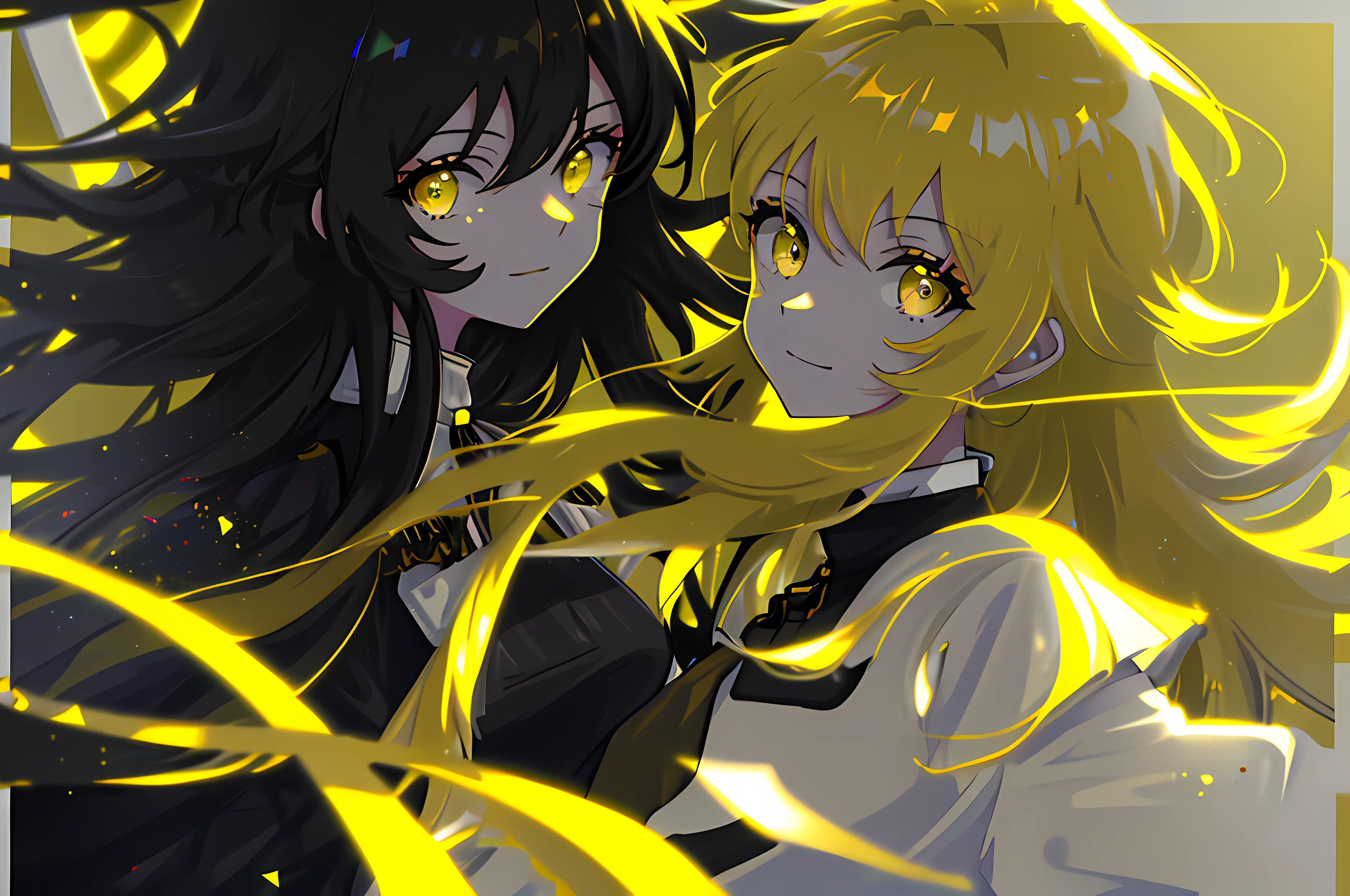 (general) yellow pastel color pallet, foreshortening, depth of field, masterpiece, best quality, 2 girls and 1 boy, (girls) black hair, yellow eyes, long hair, duo, looking at the viewer, casual clothes, smiling faces, dappled sunlight, (boy) black hair, yellow eyes, casual clothes