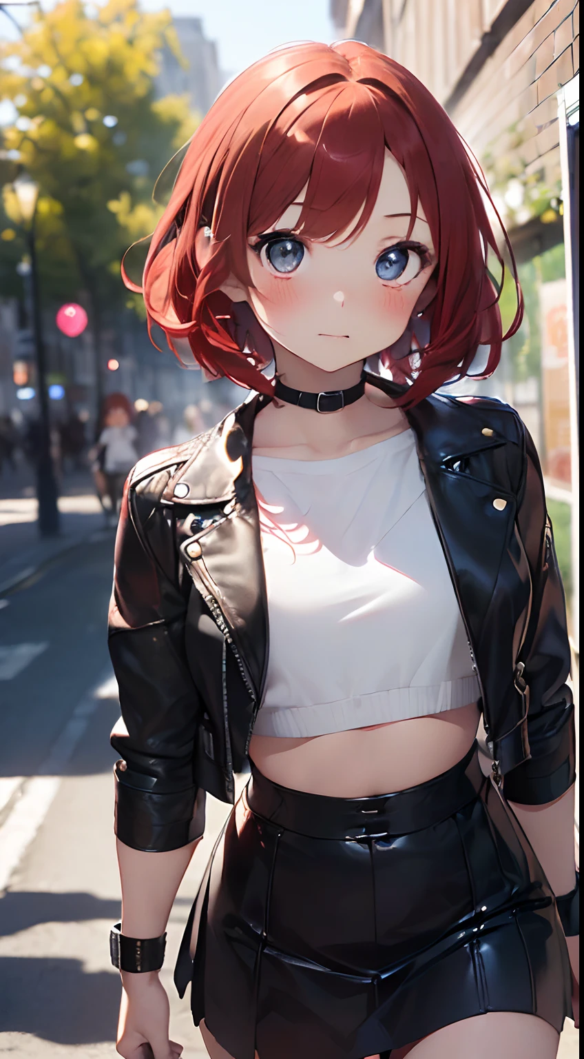 Masterpiece, high resolution, extremely detailed, realistic, 1girl, (((short red hair, brilliant beautiful bright eyes, extremely cute face, round face, big eyes, short, small body, very young, small waist, slender, lovestruck, blushing))), ((white crop top, black leather jacket, short black skirt)), (walking towards viewer, looking at viewer, staring), sunny weather